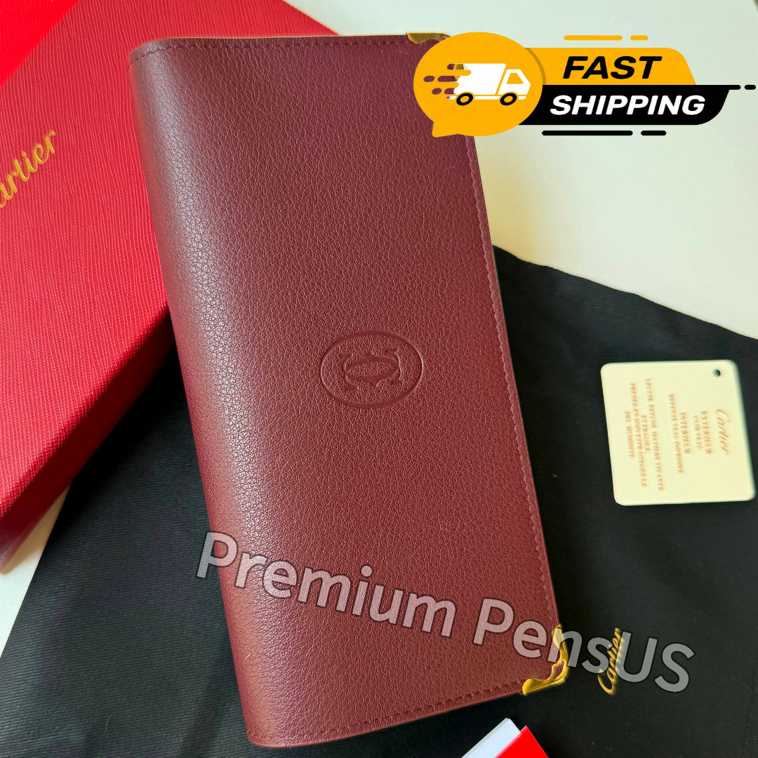 CARTIER Must De Bordeaux Leather Long Wallet Gold Corner Trim Full Set CARTIER Must De Bordeaux Leather Long Wallet Gold Corner Trim Full Set