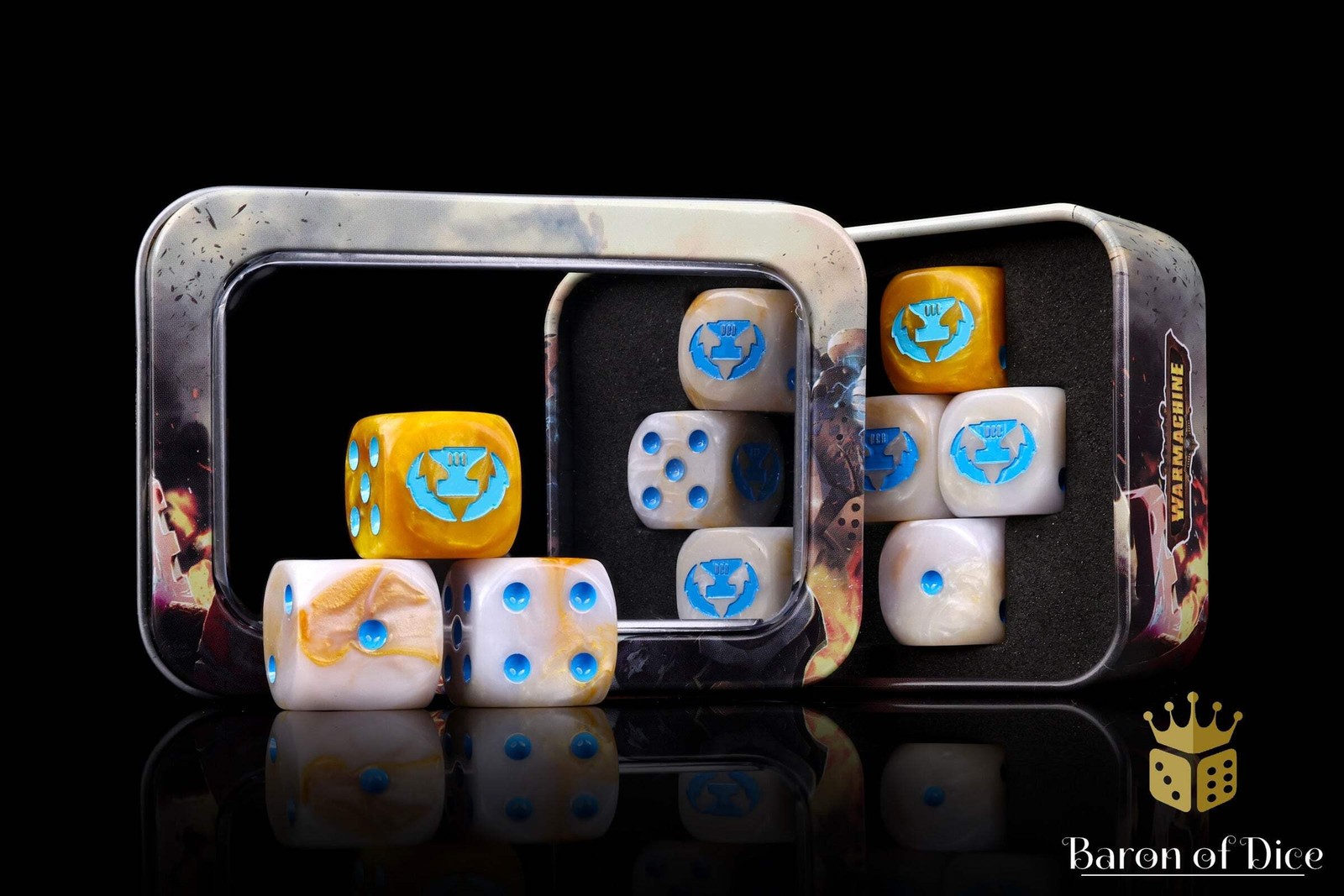 Cygnar Storm Forge | Official Warmachine Dice Set Handcrafted by Baron of Dice