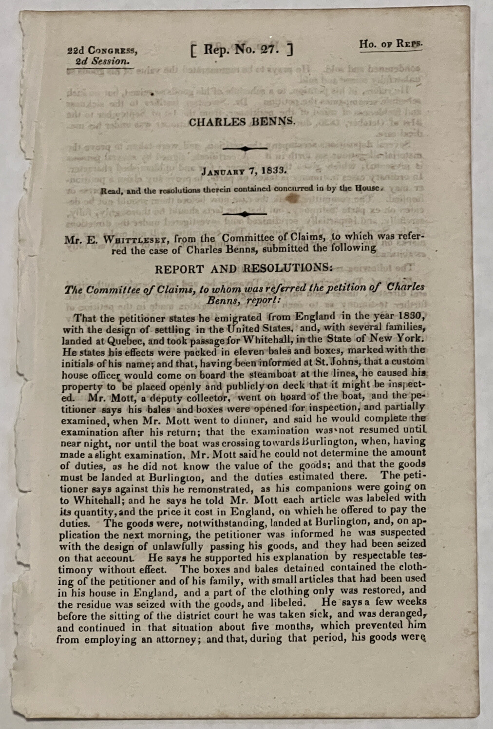 RARE 1833 WAR CLAIMS COMMITTEE WAR OF 1812 REPORT WHITEHALL NEW YORK, STEAMBOAT
