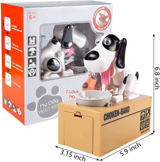 Hungry Puppy Dog Automatic Mechanical Piggy Bank. White & Black New In Box