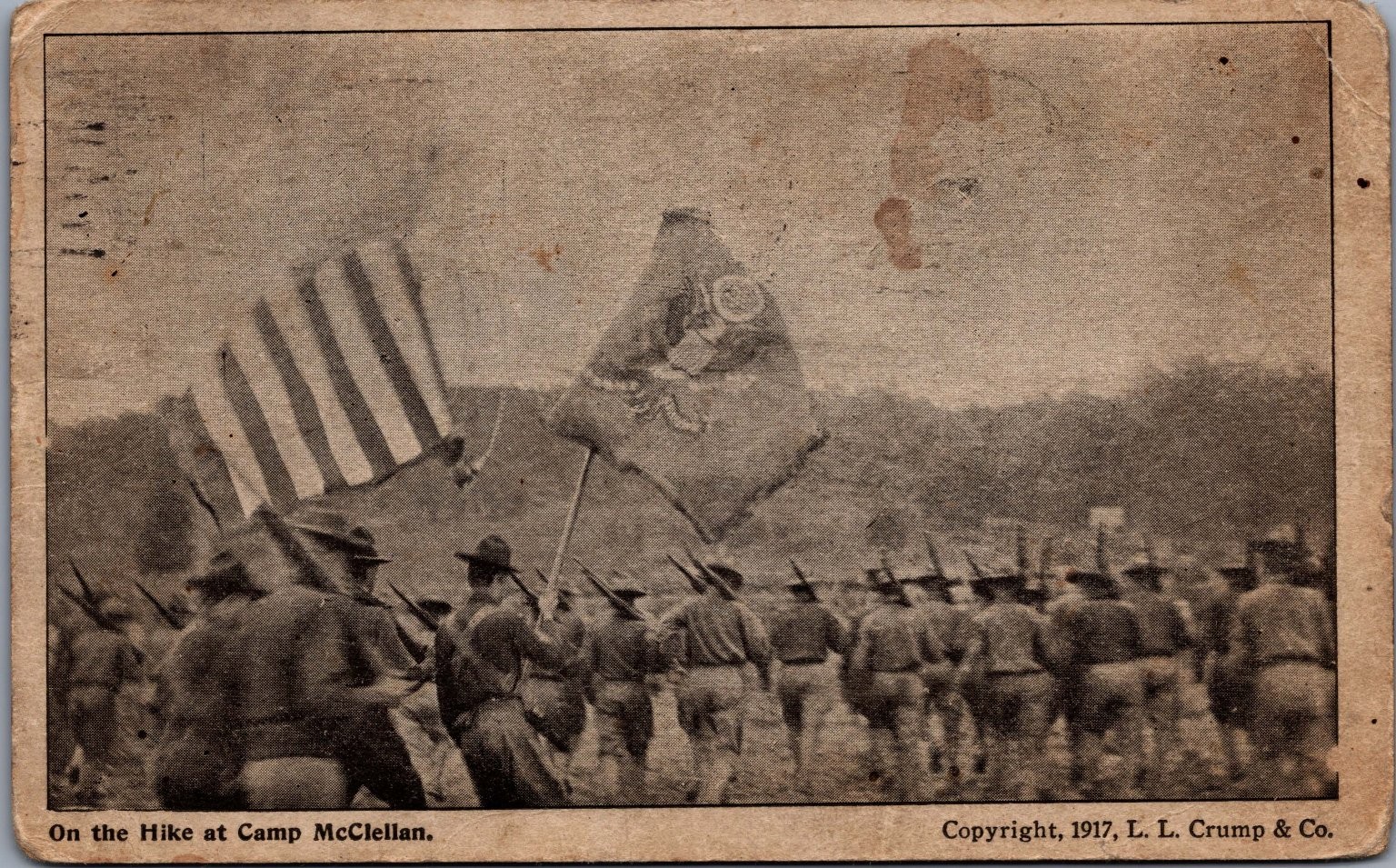 1917 Camp McClellan AL WWI Soldiers Hike US Flag Postcard L.L. Crump 1917 Camp McClellan AL WWI Soldiers Hike US Flag Postcard L.L. Crump