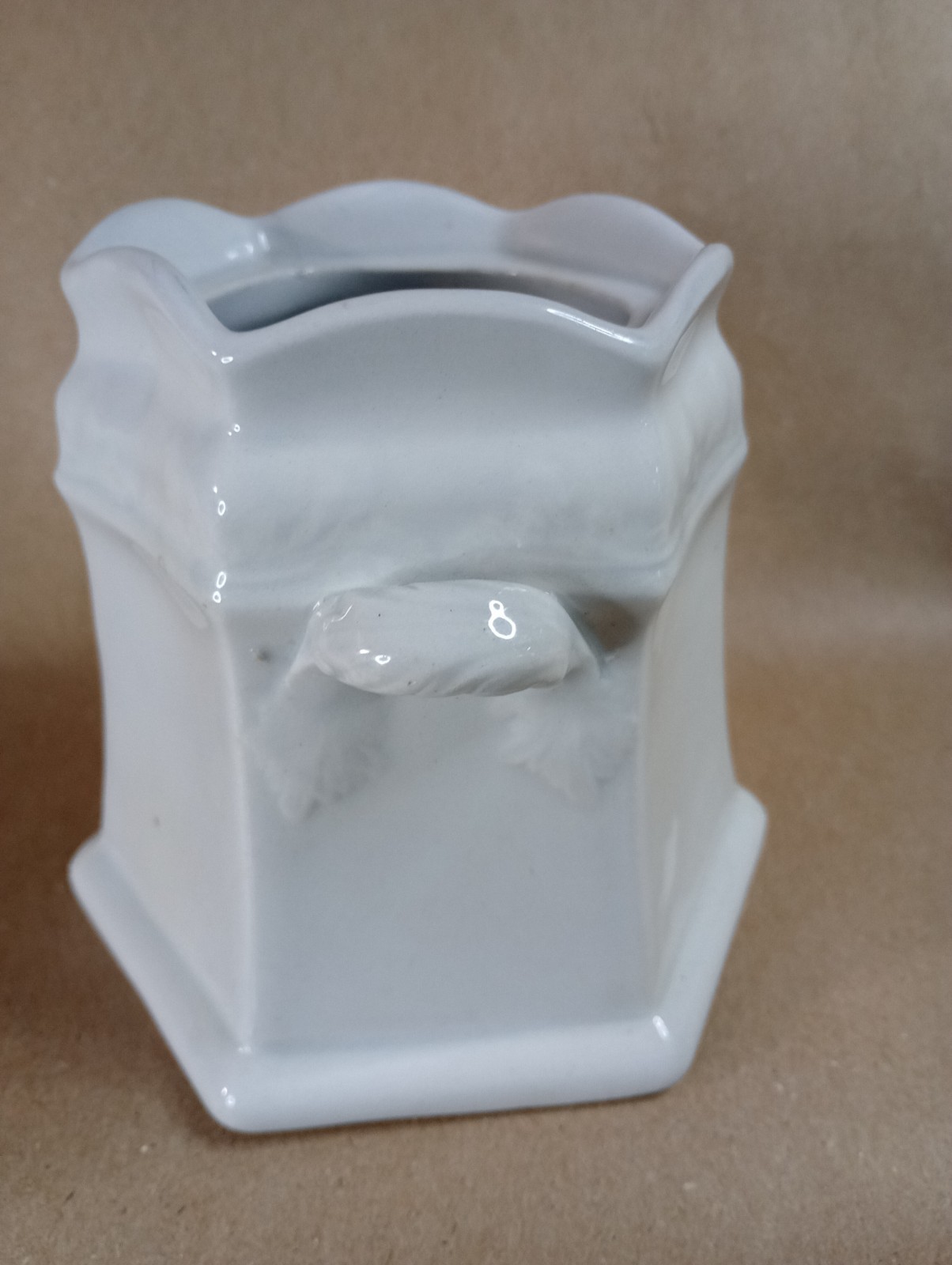 Antq White Ironstone Sugar Bowl James Edwards Twin Leaves Hexagon Vase 1840's