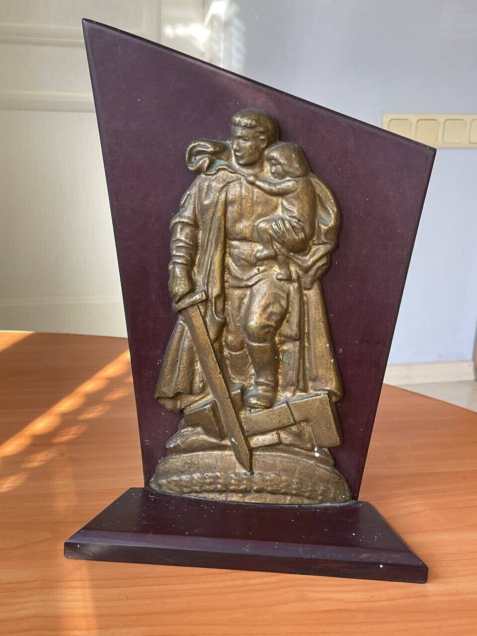 Rare Vintage Soviet bas-relief Statuette Warrior Liberator Metall Wood USSR