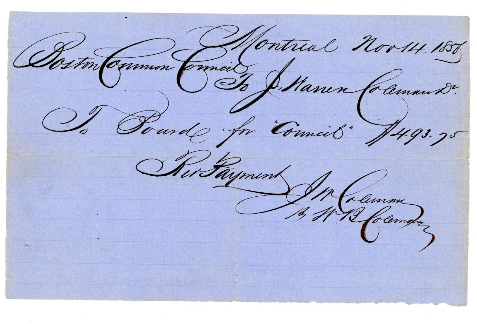 1856 Handwritten receipt Boston Common Council J W B Coleman Montreal Canada