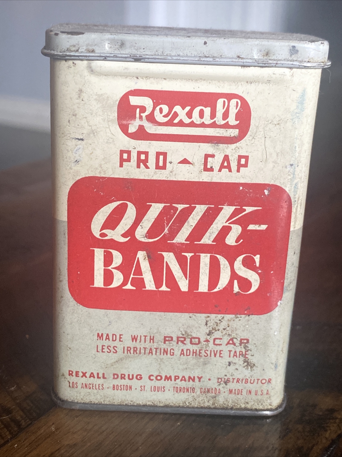 Vintage EMPTY RExall Quick-bands Band-aid Tin Advertising Litho Can (A4)