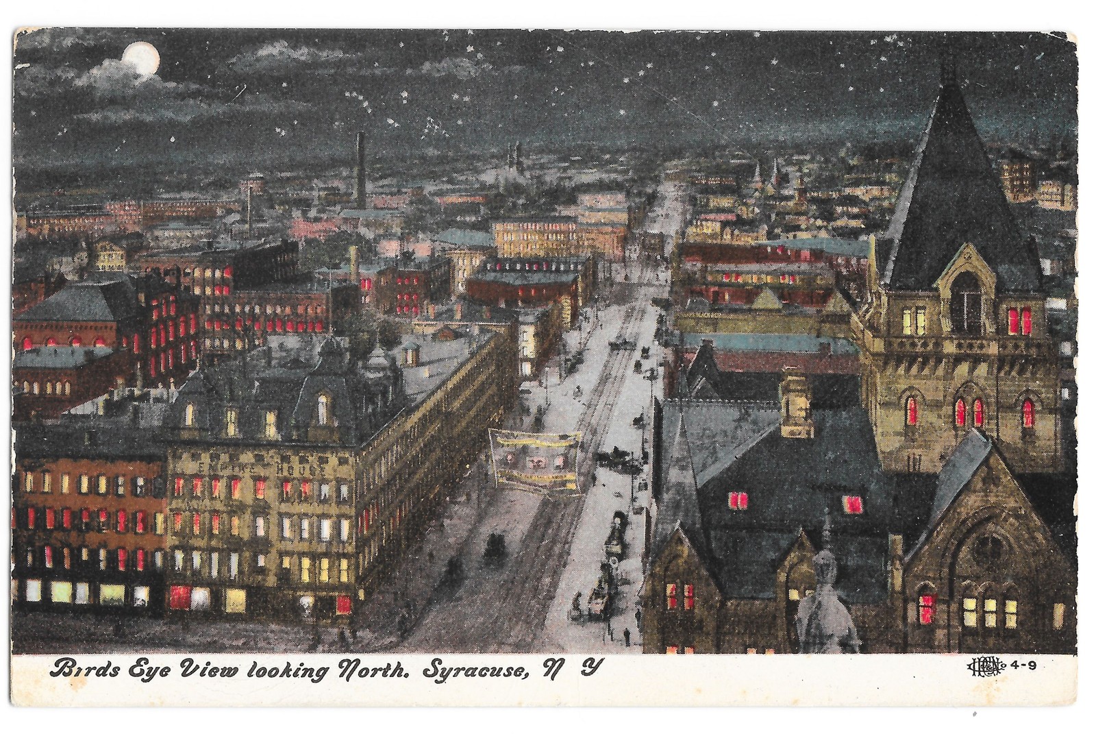 Syracuse NY Birds Eye View Moonlight Night 1908 Postmark Postcard
