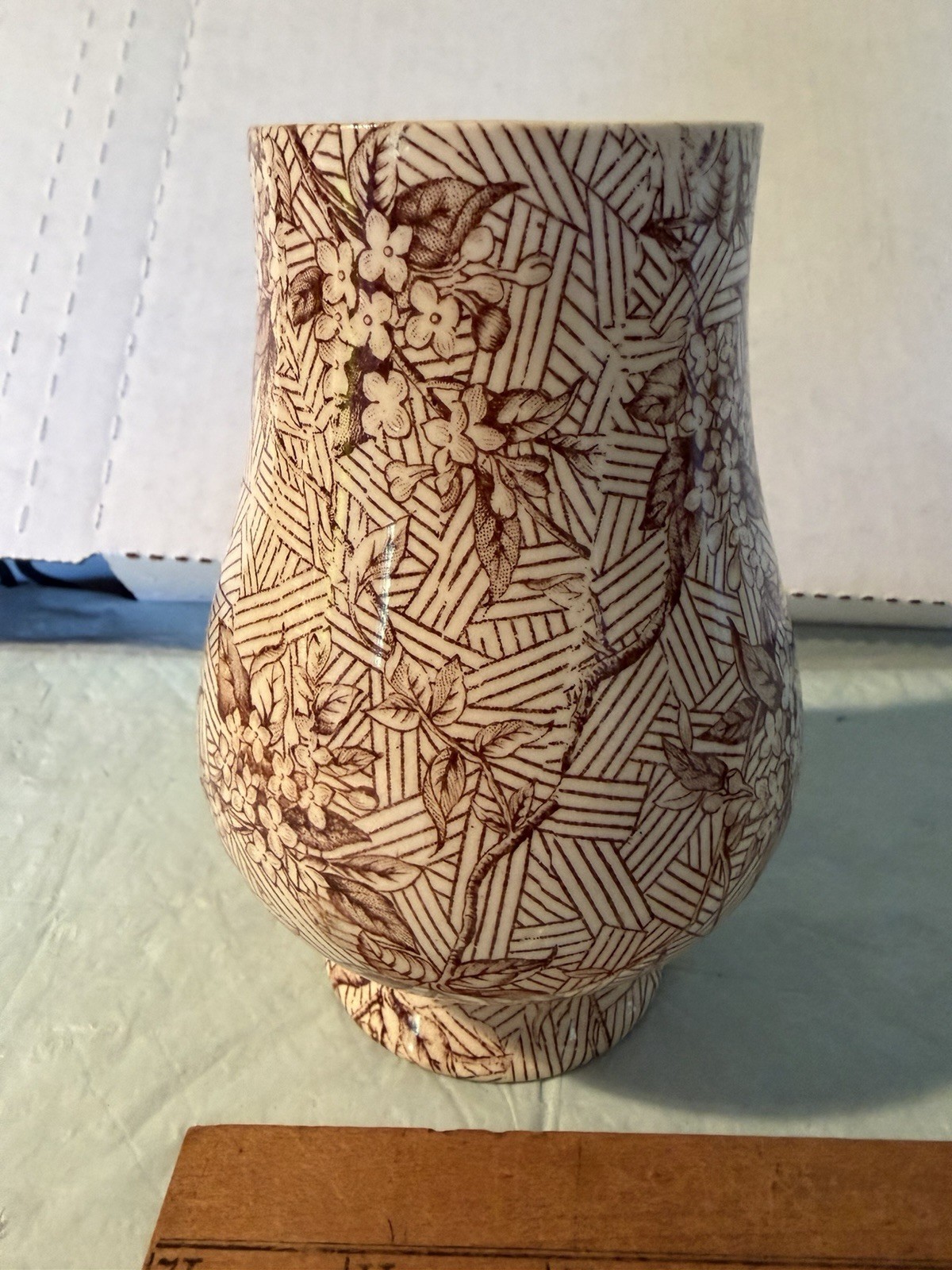 Antique Porcelain 5 1/2” Vase Aesthetic Transferware Flowers Geometric Pattern