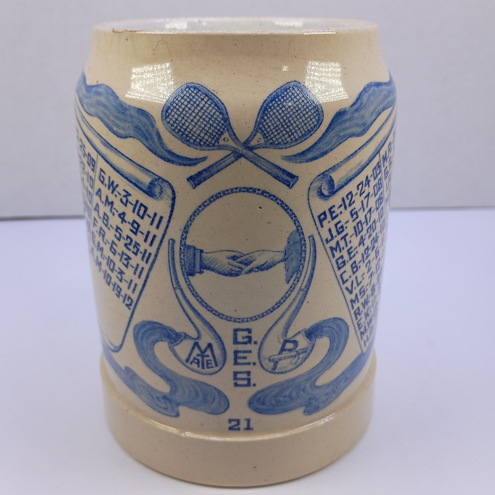 Antique 1914 Richmond VA Tennis Club Stoneware Mug Named Players Provenance 1908