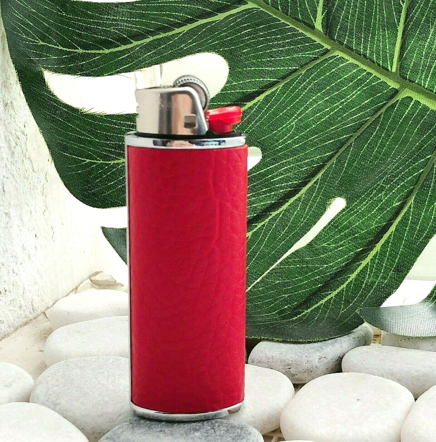 Metal Leather Lighter Case Cover Holder fits BIC Full StandardSize Lighter Red