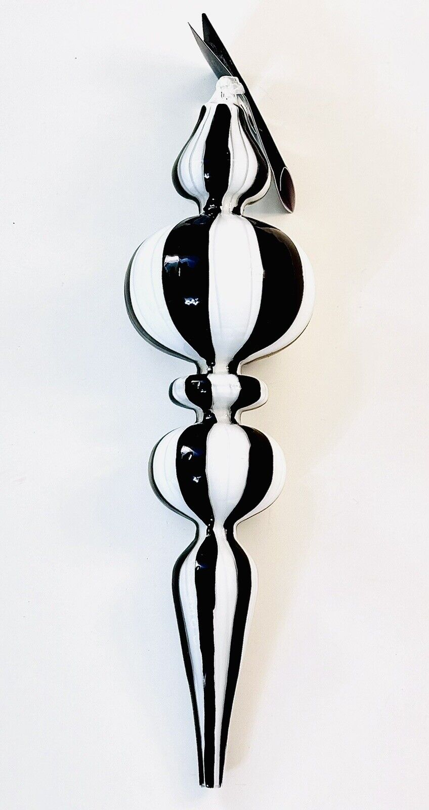 Robert Stanley Striped Blown Glass Ornament Black & White Finial 10” X 2.5” NWT