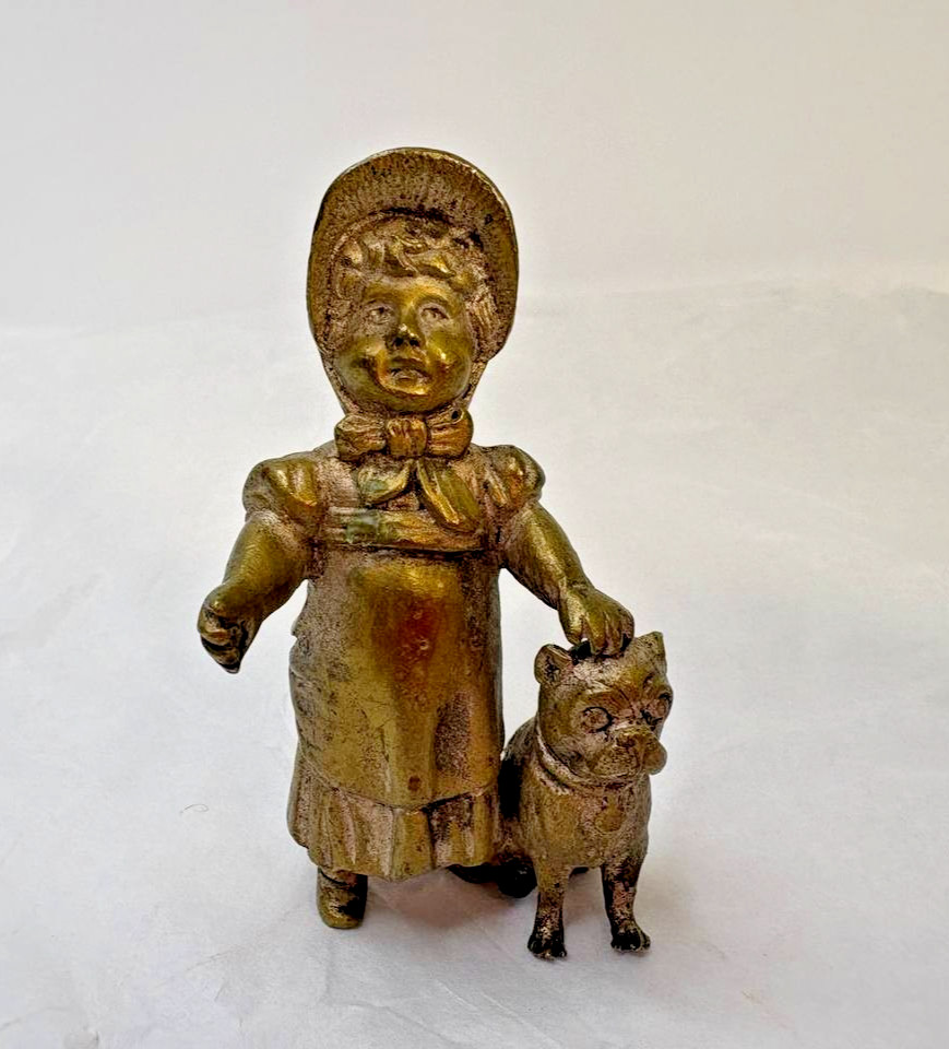 Antique Bronze Victorian Little Girl & Pet Pug Dog Miniature Figure