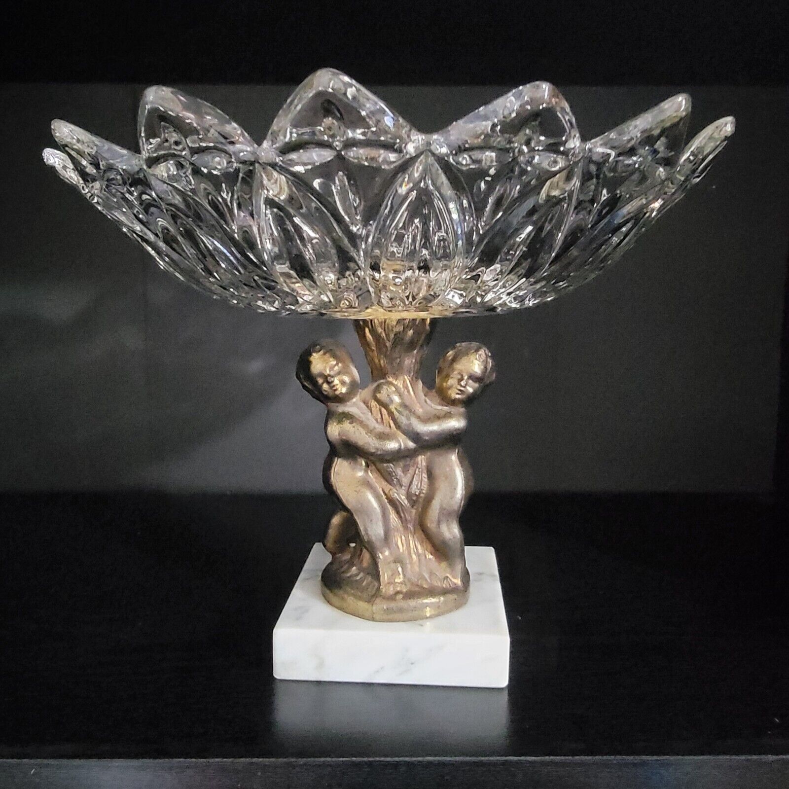 Vintage Glass Compote Flower Shaped Candy Dish Bowl Cherubs Pedestal Marble Base