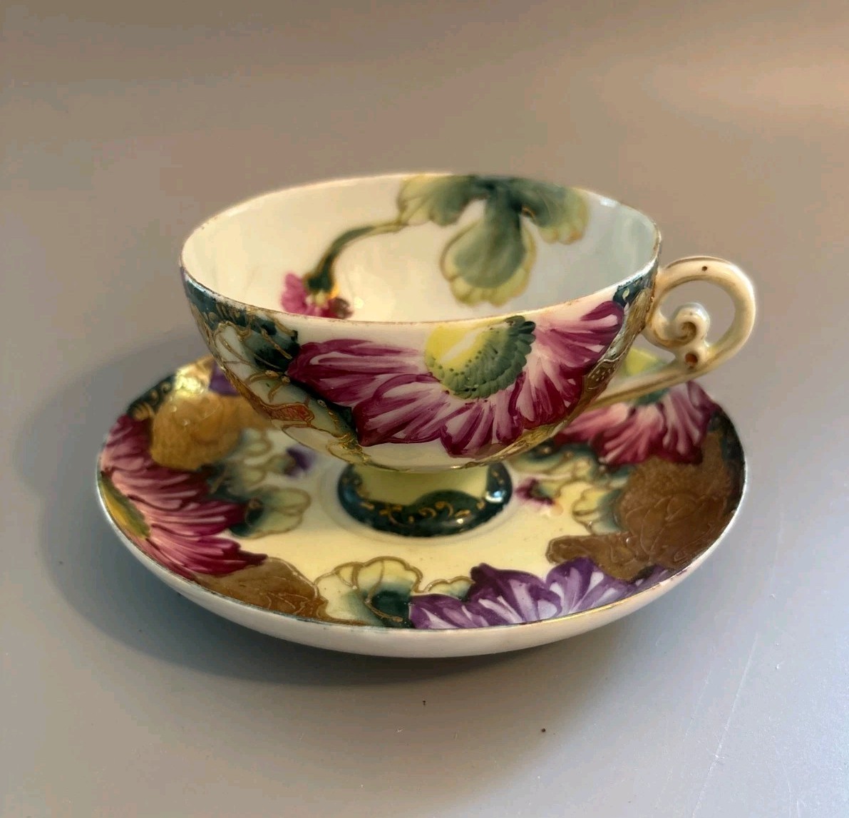Antique Nippon Style Footed Cup Saucer Hand Painted Floral Gold Moriage Japan