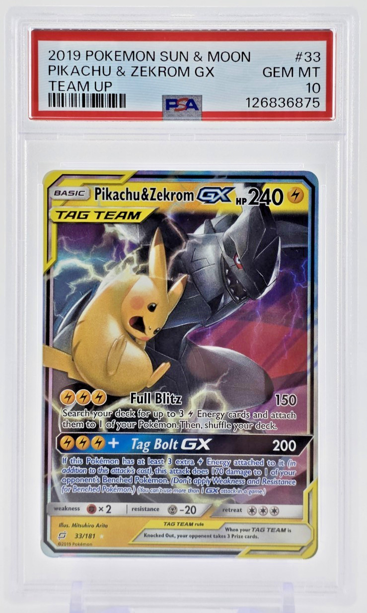 PSA 10 2019 PIKACHU & ZEKROM GX POKEMON CARD HOLO SUN & MOON TAG TEAM UP GEM 33 PSA 10 2019 PIKACHU & ZEKROM GX POKEMON CARD HOLO SUN & MOON TAG TEAM UP GEM 33