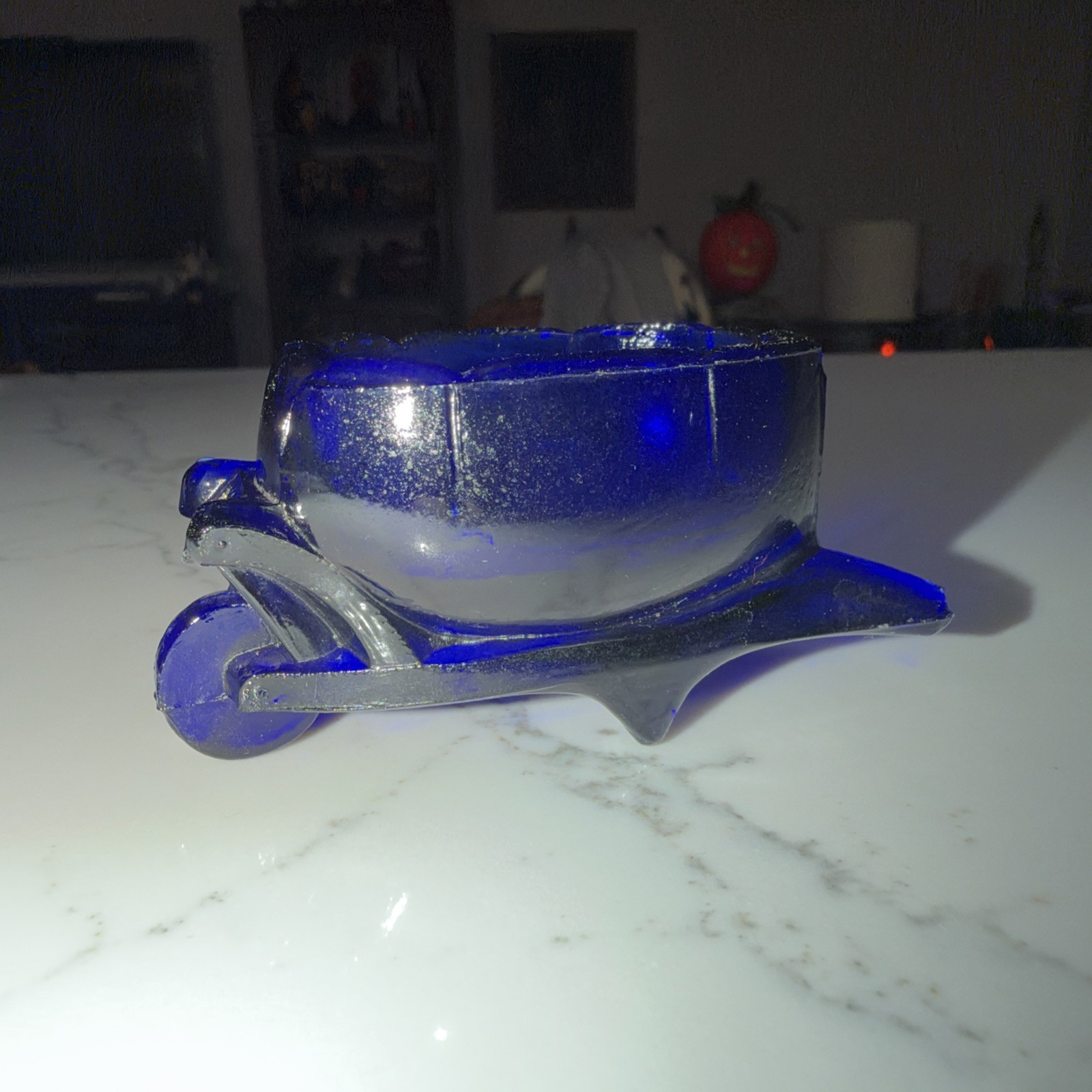 Vintage cobalt blue Glass wheel barrow salt dip cellar