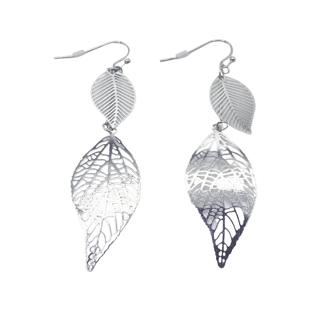 Long Double Leaf Silver Drop Earrings Long Double Leaf Silver Drop Earrings