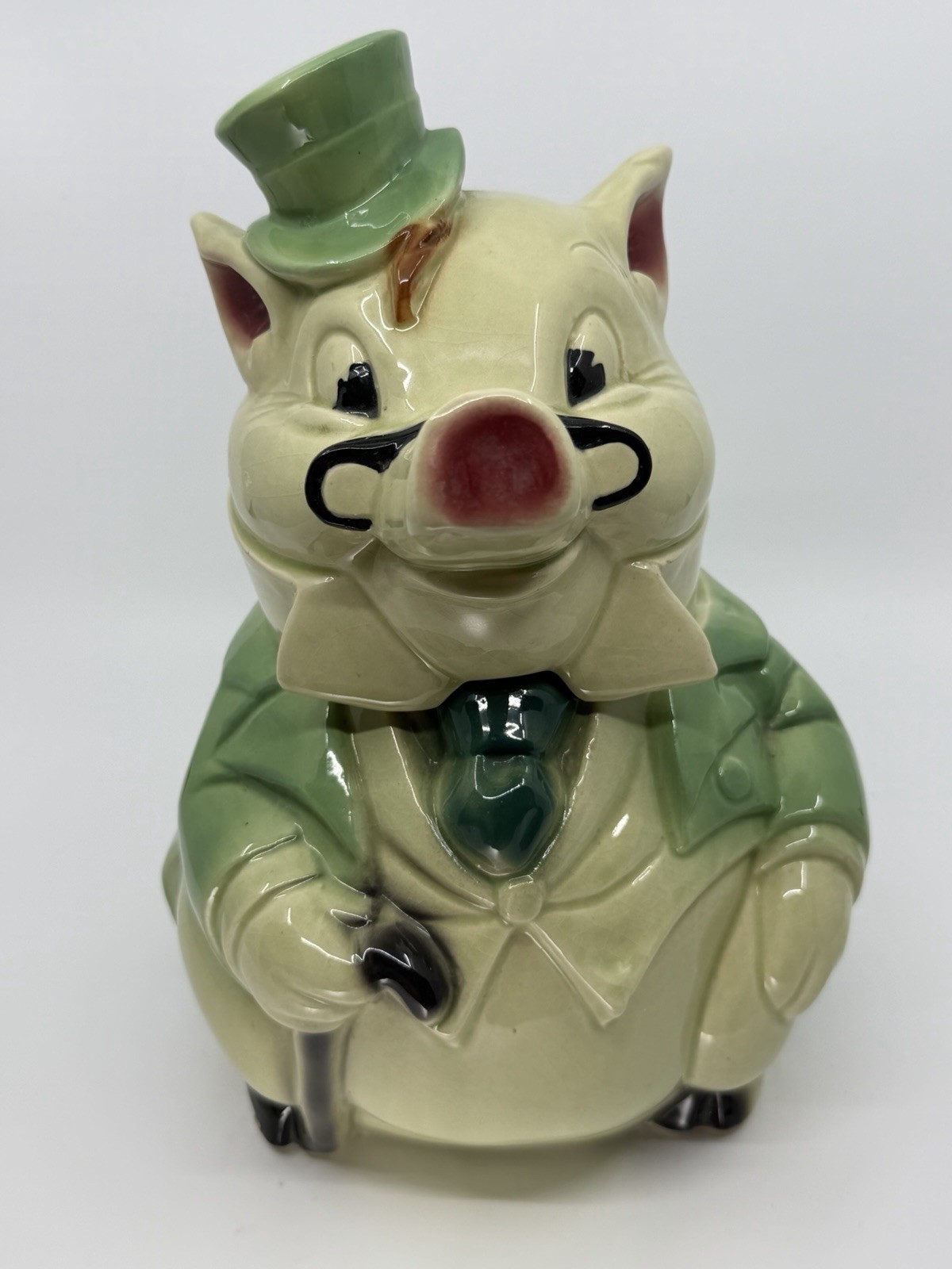 VTG ‘50’s Brush McCoy Tuxedo Pig Cookie Jar Green Top Hat Cane W7 USA
