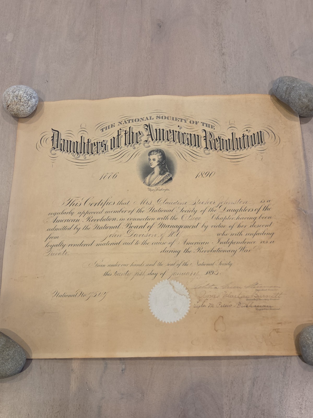 Rare-1895 Daughters Of The American Revolution Original Certificate-Mrs.Johnston