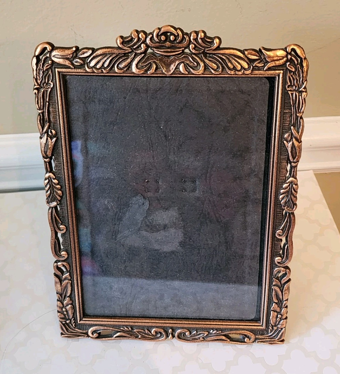 Vtg Art Nouveau Style Floral Picture Frame Tabletop 5 x 7 Antiqued Coppertone