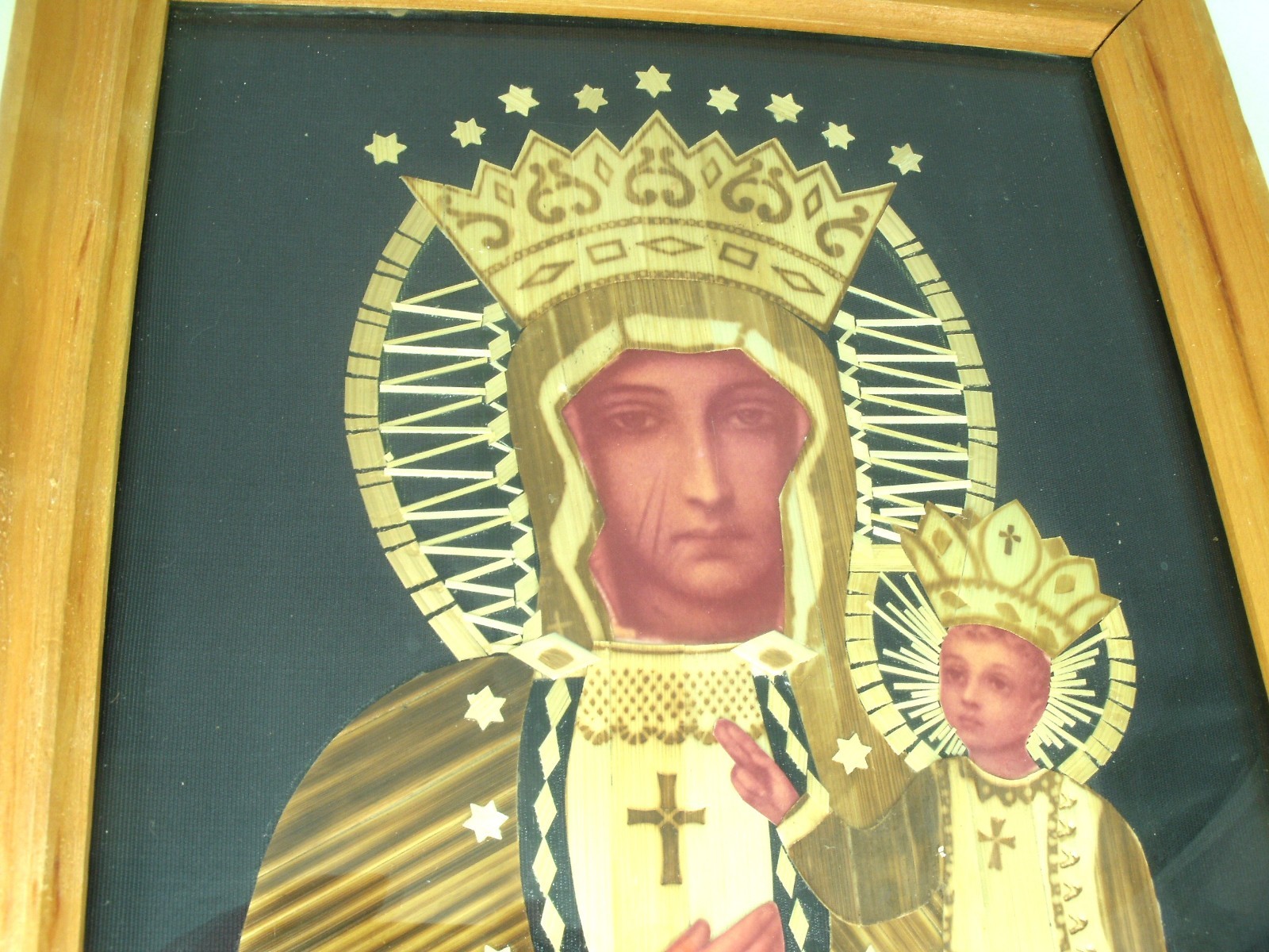 Vtg Hand Made Poland Palm Picture Madonna And Child Matka Boska Czestochowa