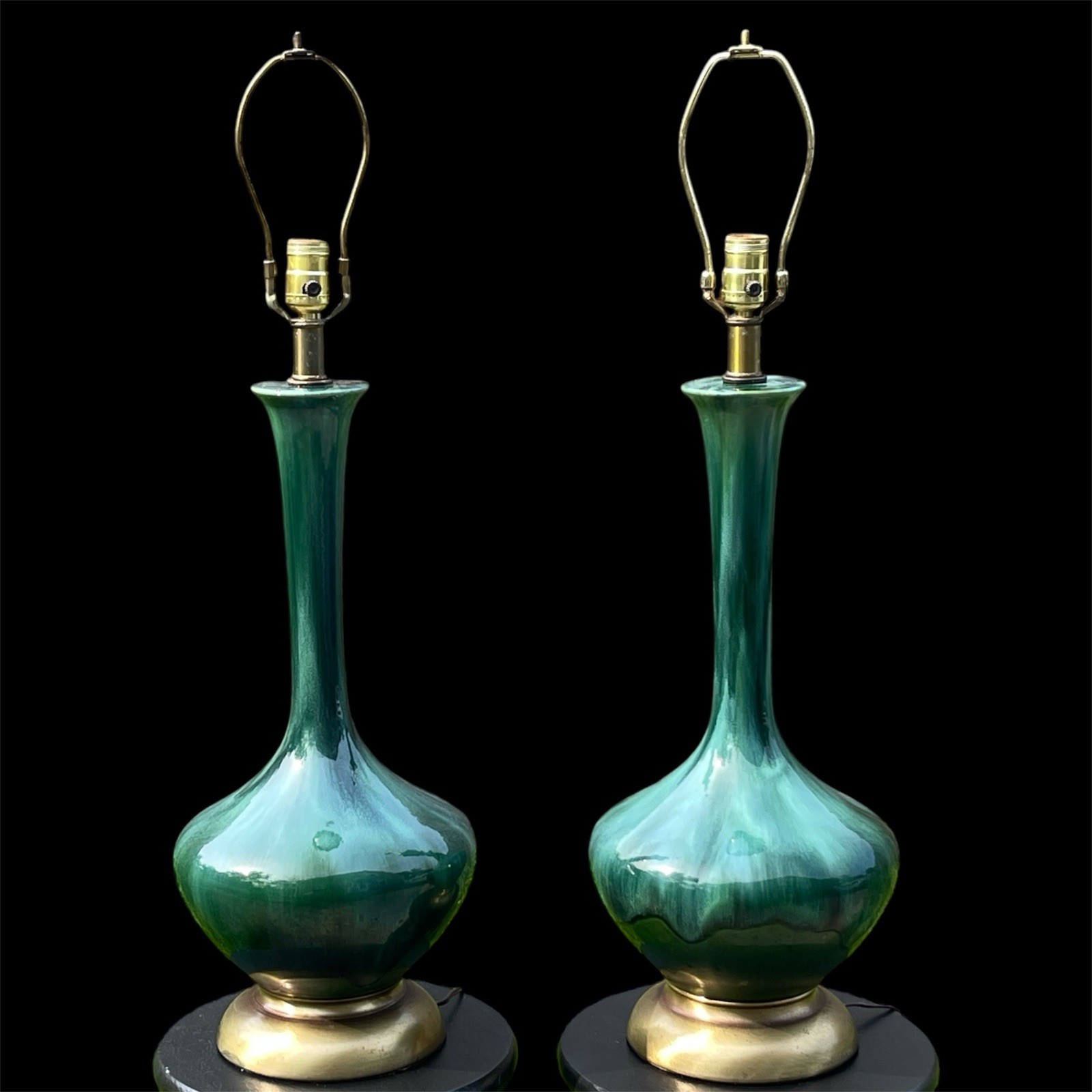 Vtg MCM Drip Glaze Genie Bottle Pottery Table Lamps Pair Green Blue 32 Tall Vtg MCM Drip Glaze Genie Bottle Pottery Table Lamps Pair Green Blue 32 Tall