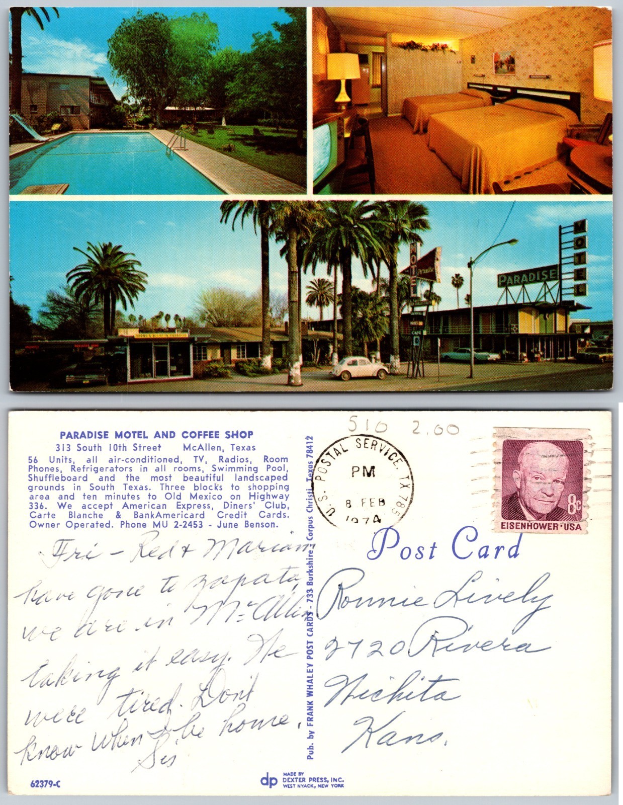 Paradise Motel and Coffee Shop McAllen Texas Postcard Paradise Motel and Coffee Shop McAllen Texas Postcard