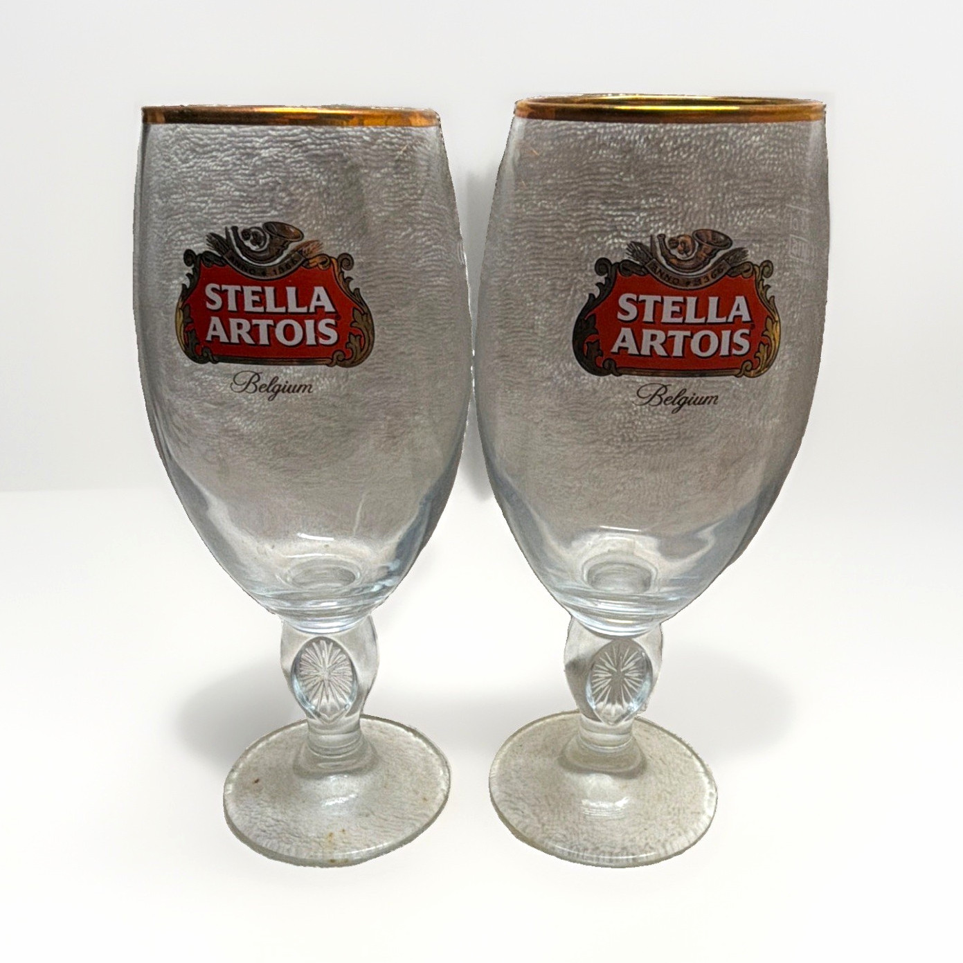 Stella Artois Belgium Beer Chalice Goblet Glasses Breweriana Set of 2 Stella Artois Belgium Beer Chalice Goblet Glasses Breweriana Set of 2