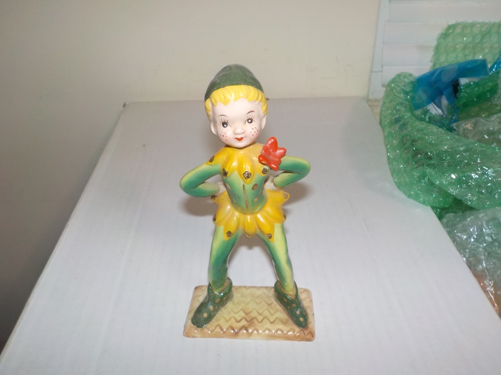 Vintage 1950's Kreiss Ceramics Wood Sprite Figurine In Green w/ Red Butterfly