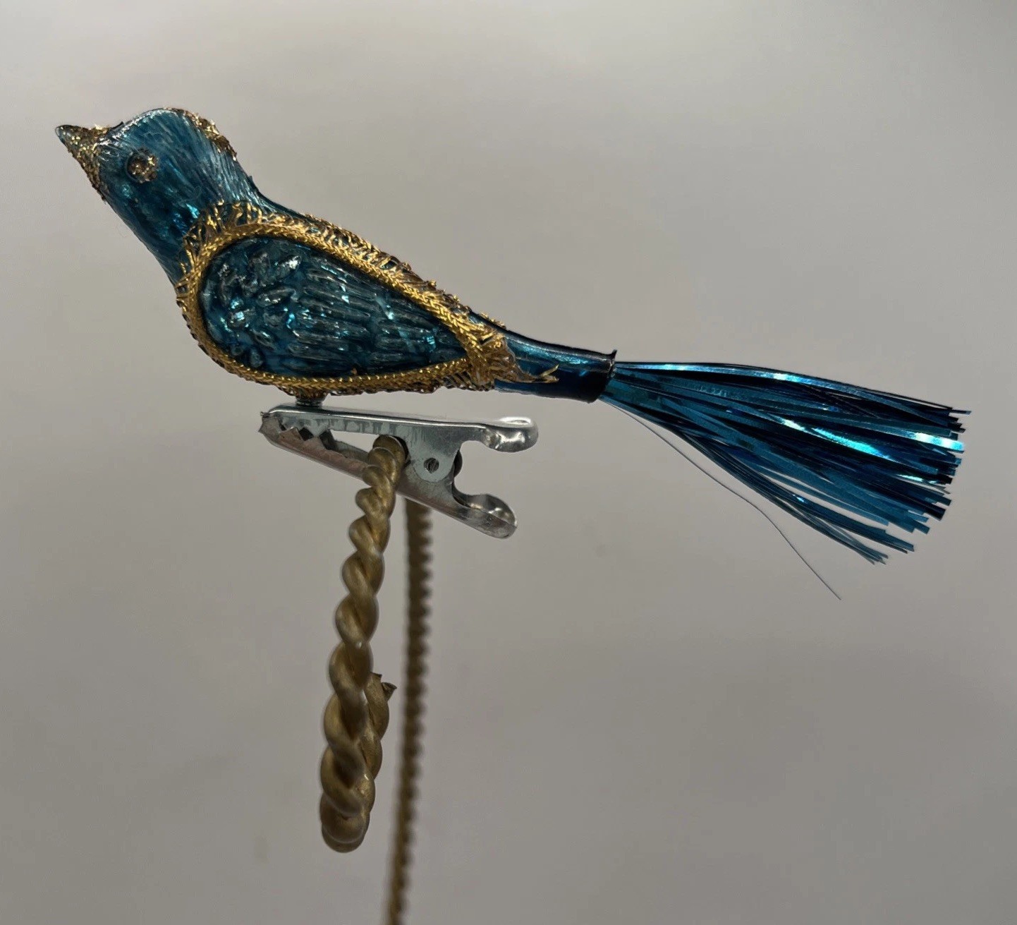 VTG 1960s Blue Plastic Clip On Bird Lace Trim Tinsel Tail Christmas Ornament