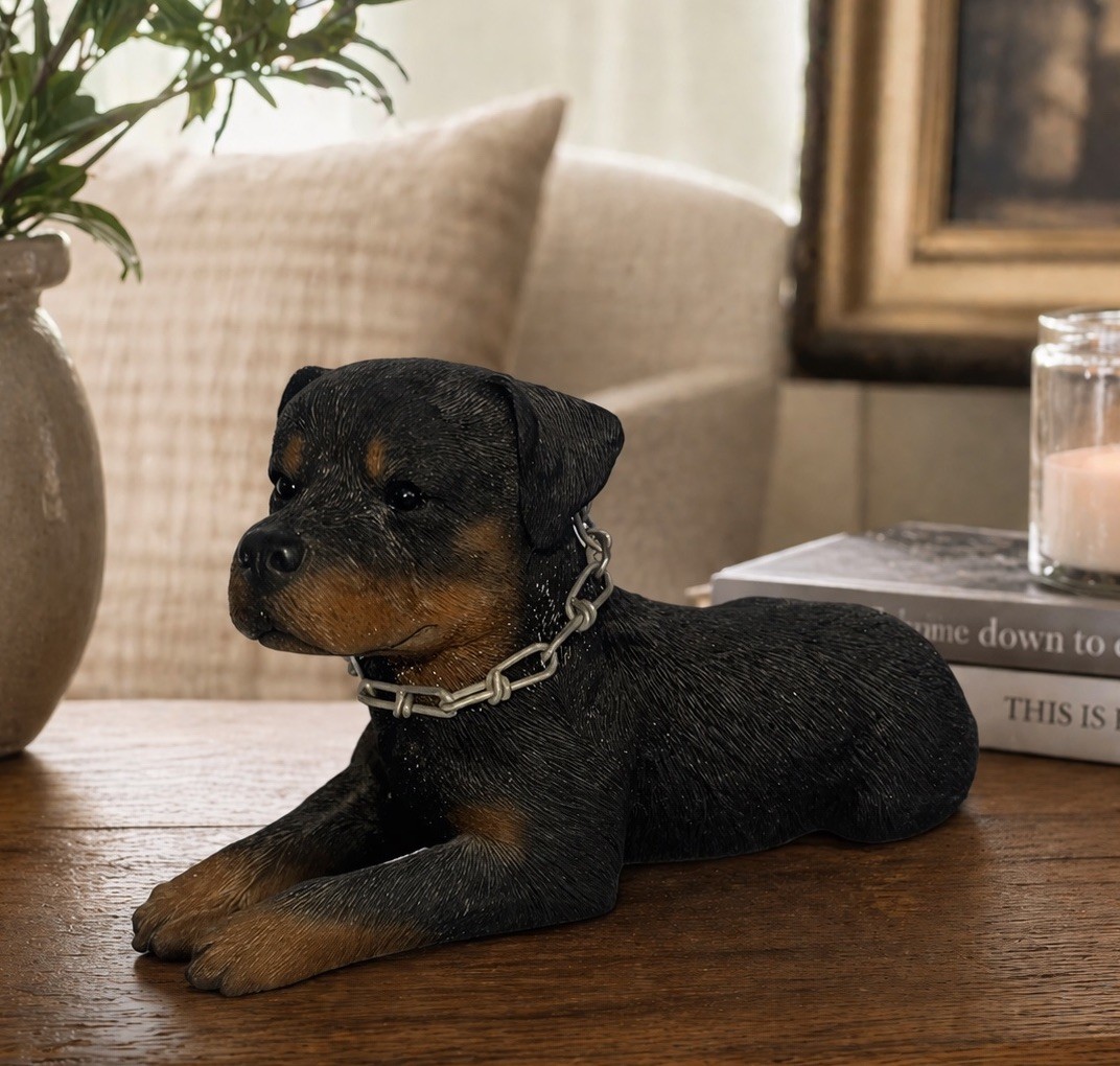 VTG Sandicast Rottweiler Dog Sculpture Chain Collar Signed Sandra Brue USA 1986
