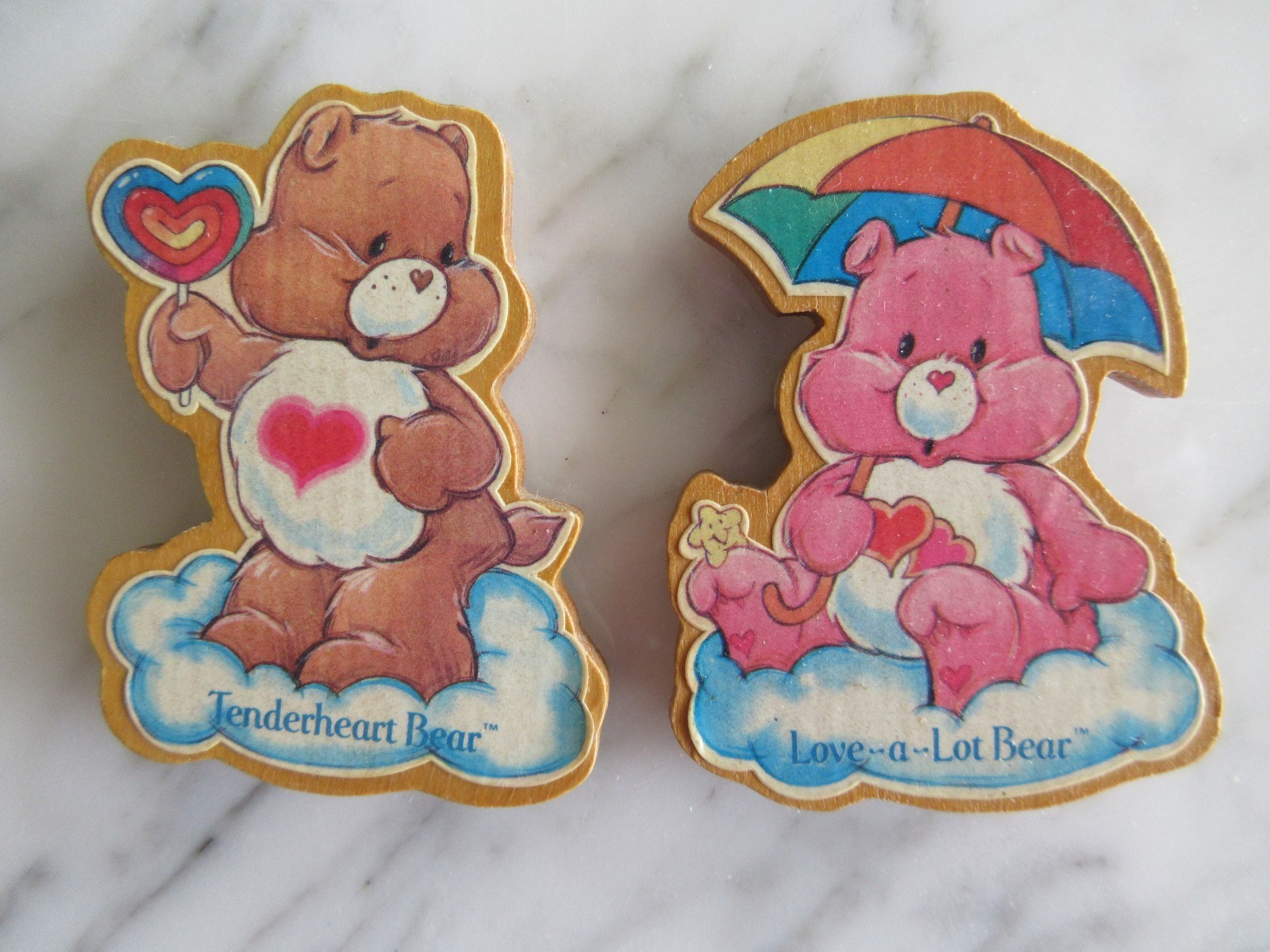 Vintage 1980's Wooden Care Bear Magnets - Tenderheart and Love-A-Lot