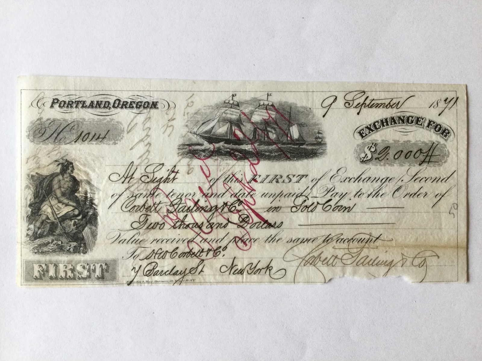 1871 Gold Exchange Note HW Corbett Portland Oregon 2c Robert Failing
