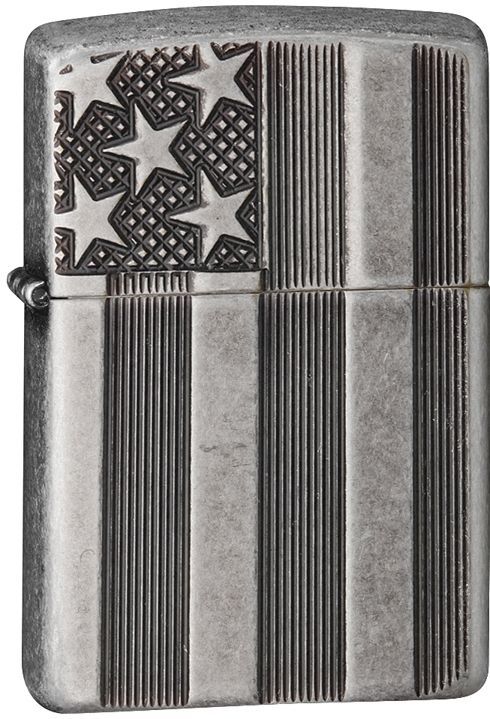 Zippo Armor Windproof Antique SIlver Plate Deep Cut Flag, 28974, New In Box