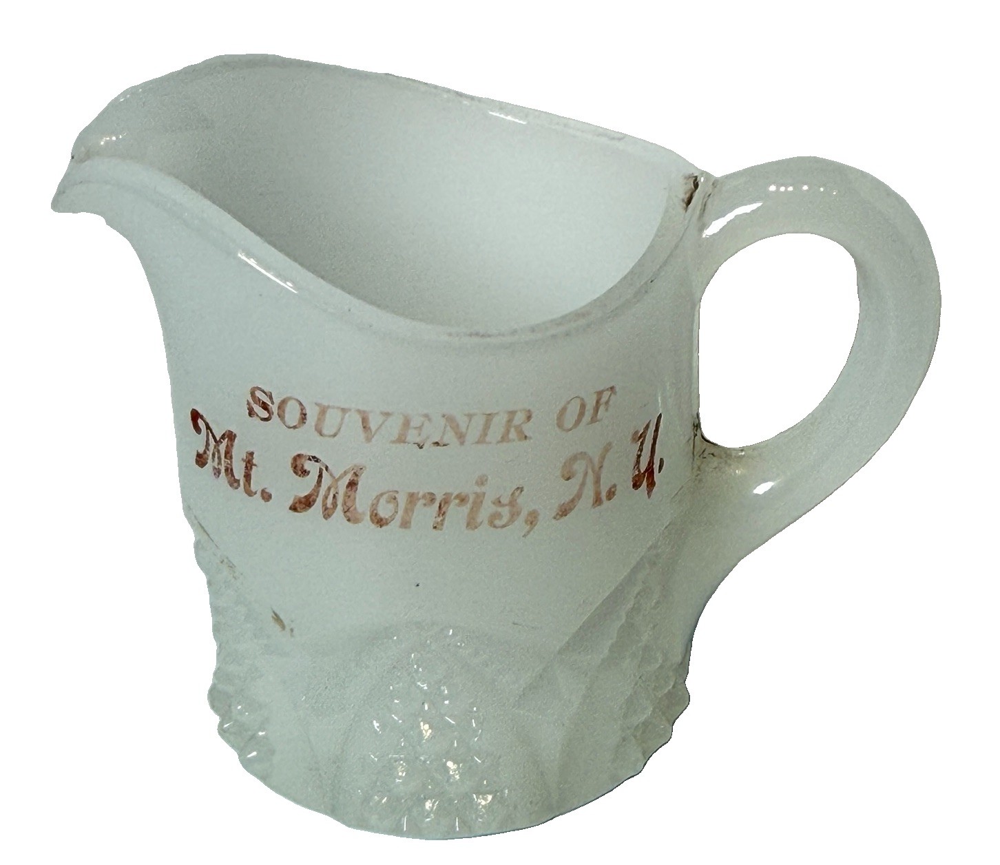 MT MORRIS NEW YORK NY Antique DEPRESSION WHITE MILK Glass Souvenir Trinket CUP MT MORRIS NEW YORK NY Antique DEPRESSION WHITE MILK Glass Souvenir Trinket CUP