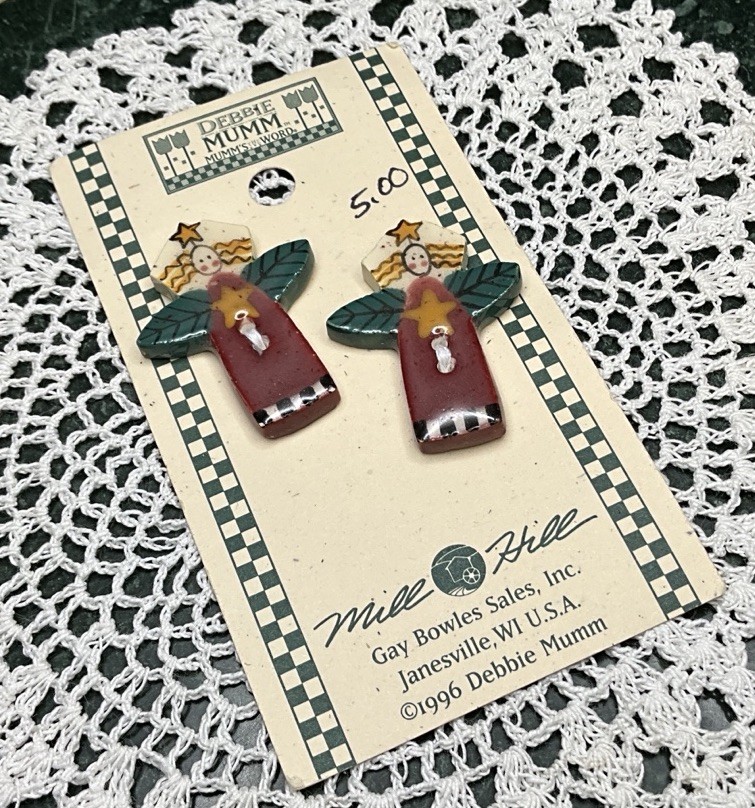 Vintage 1996 DEBBIE MUMM Ceramic Angel Buttons- Set of (2)- On Original Card-NOS