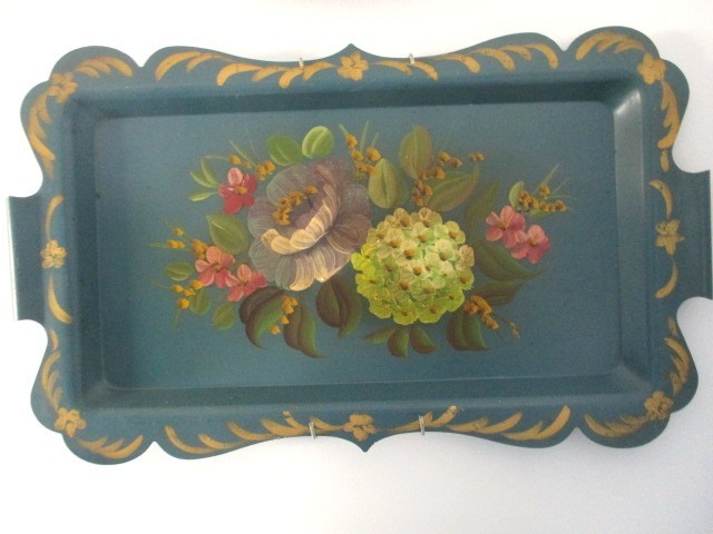 Rare Hand Painted Antique Teal Blue Floral Serving, Display, Tole Tray w/ Hanger