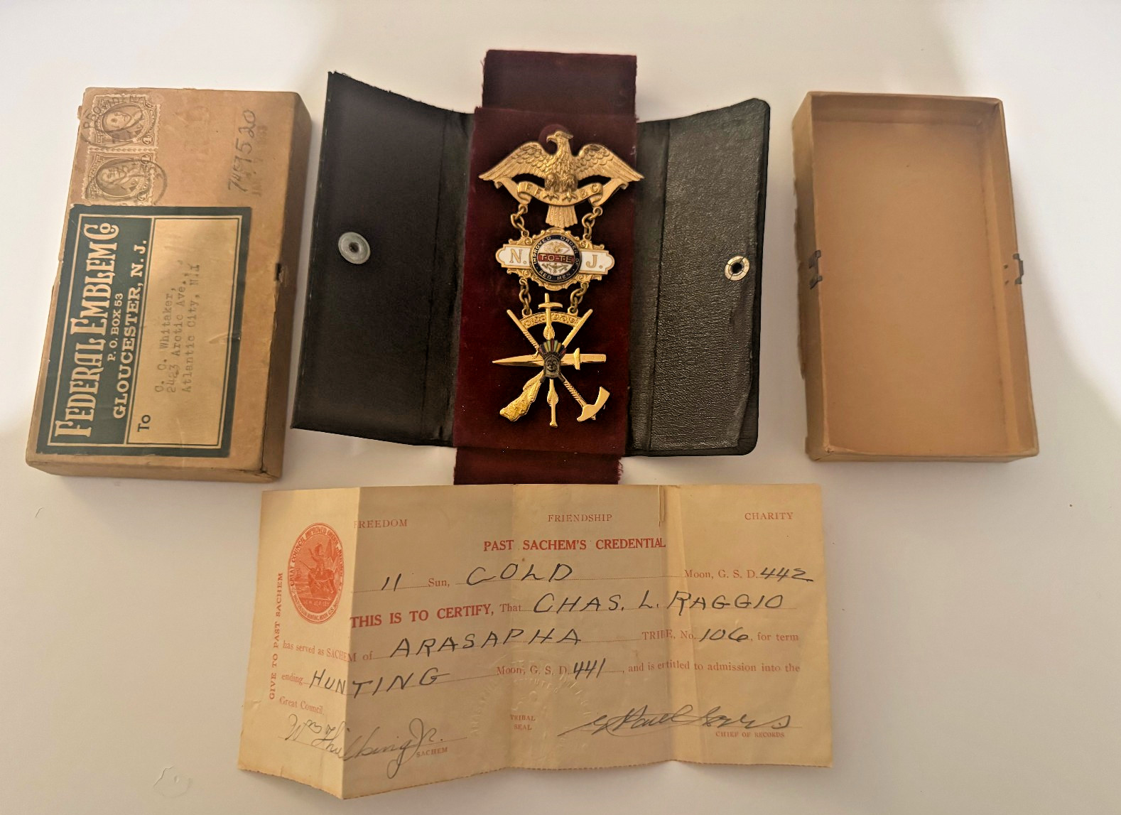 Antique 1933 Red Men Medal Named Lodge COMPLETE SET w/ Case & Papers