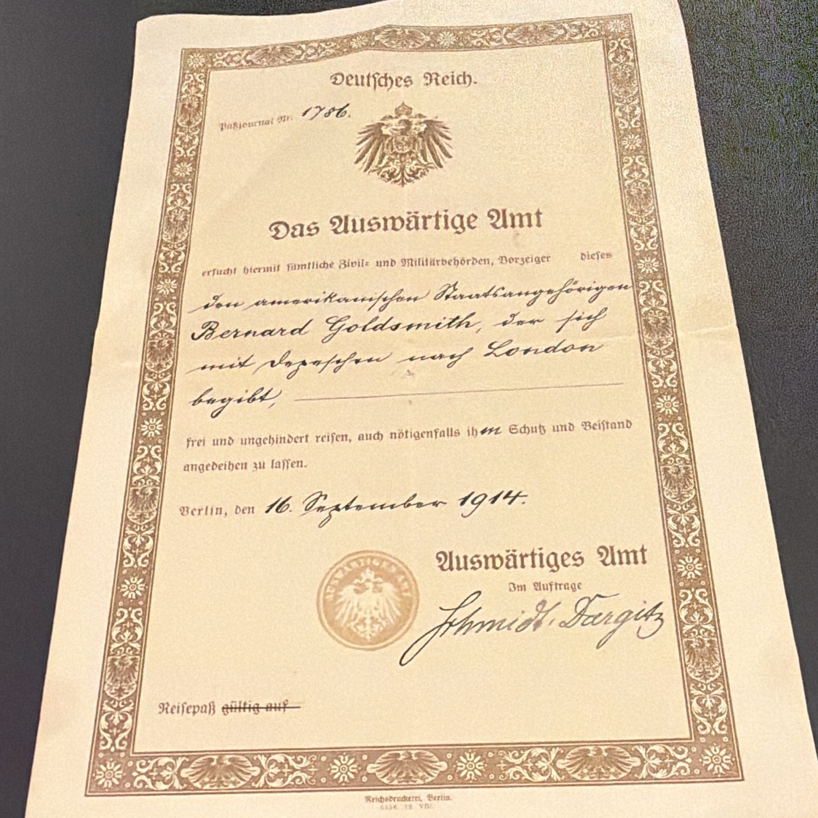 1914 WWI Imperial German Courier Pass Signed Schmidt-Dargitz