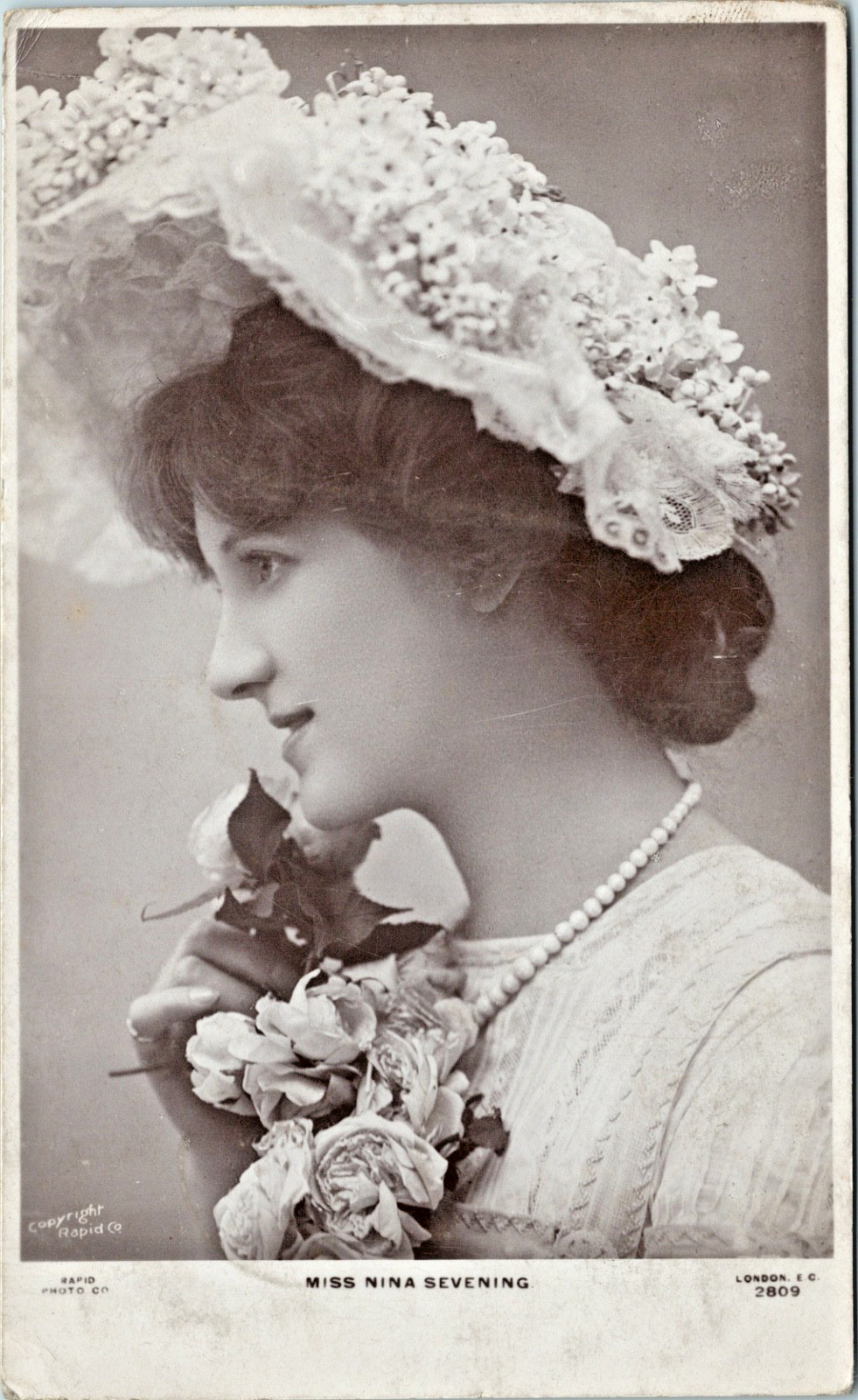 RPPC Edwardian British Actress Nina Sevening Fashion Lacy Bonnet  PU 1906 N-520