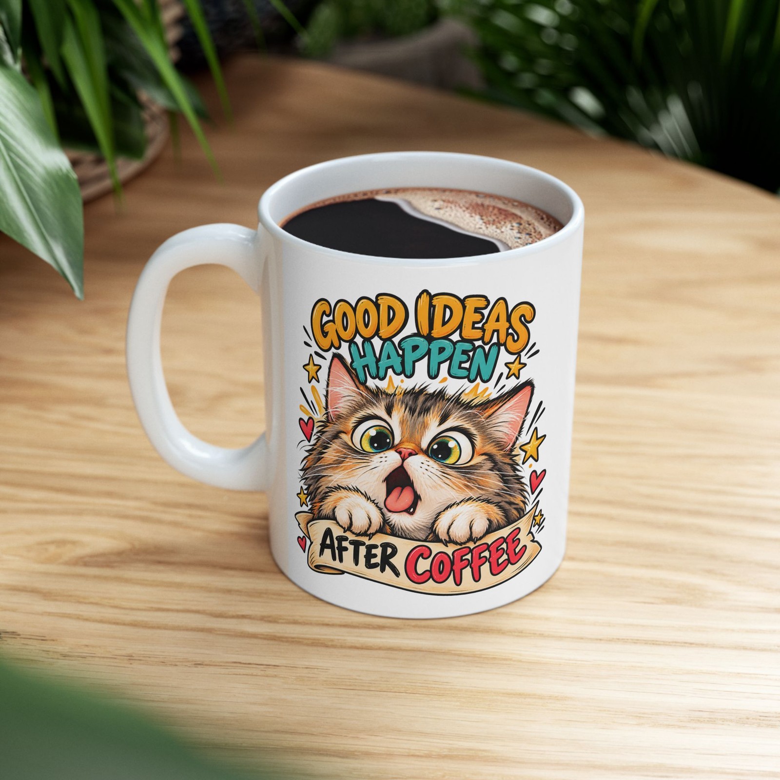 Good Ideas Happen After Coffee Cat Coffee Mug Cute Animal Ceramic Cup 11oz