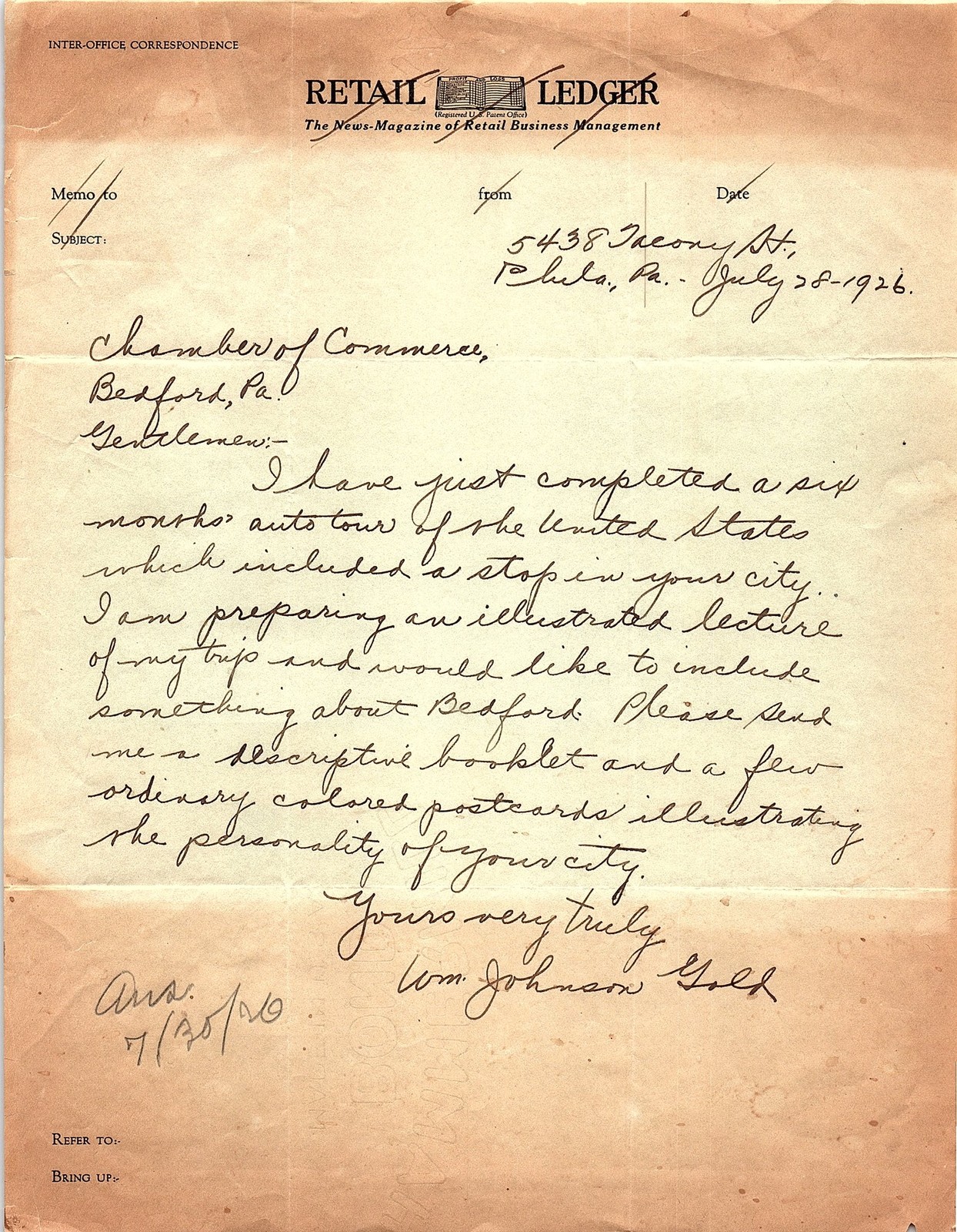 1926 Retail Ledger letter re: US auto tour/Bedford PA 1926 Retail Ledger letter re: US auto tour/Bedford PA