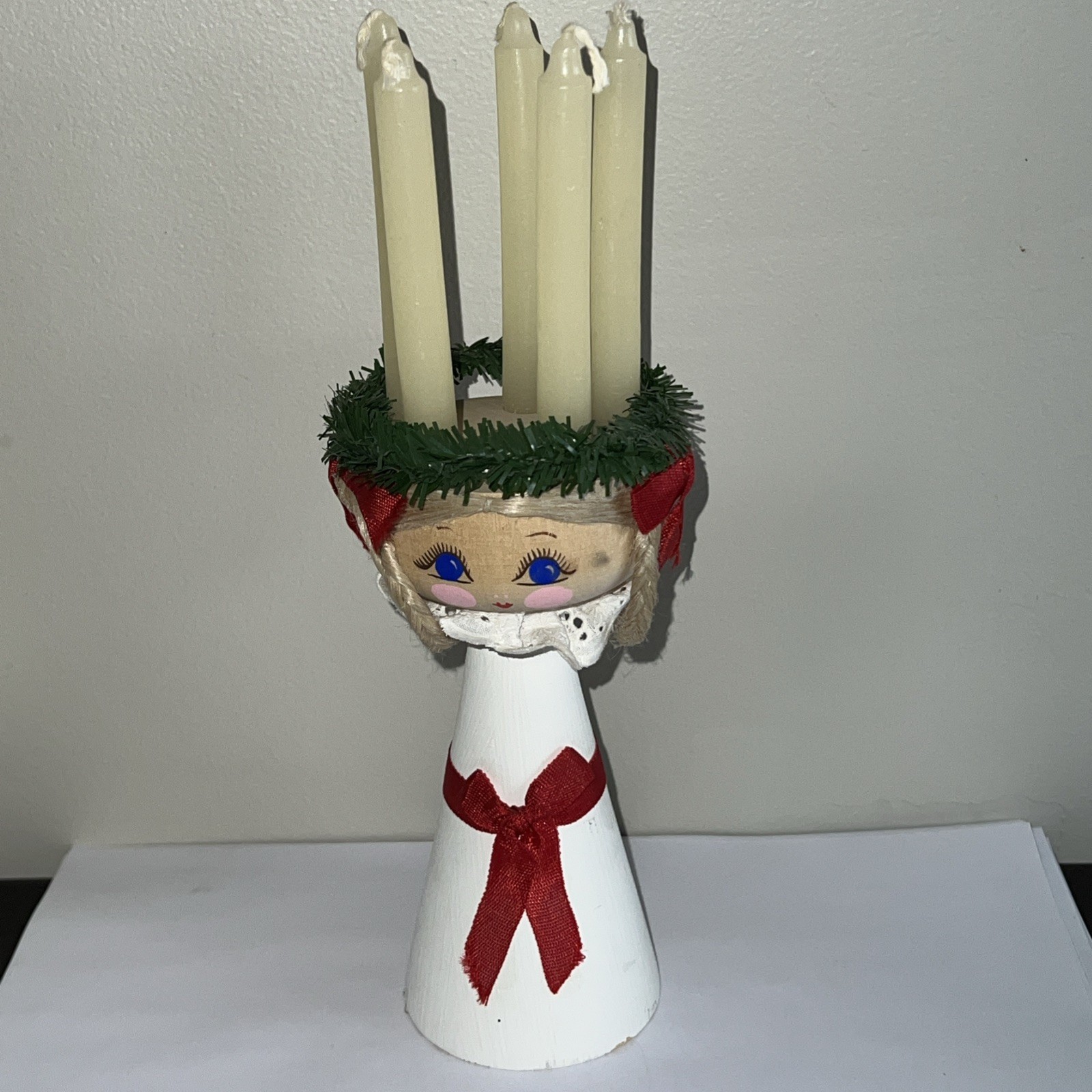 Vintage Saint Lucy's Day Swedish St. Santa Lucia Candle Holder Wood Signed 1985