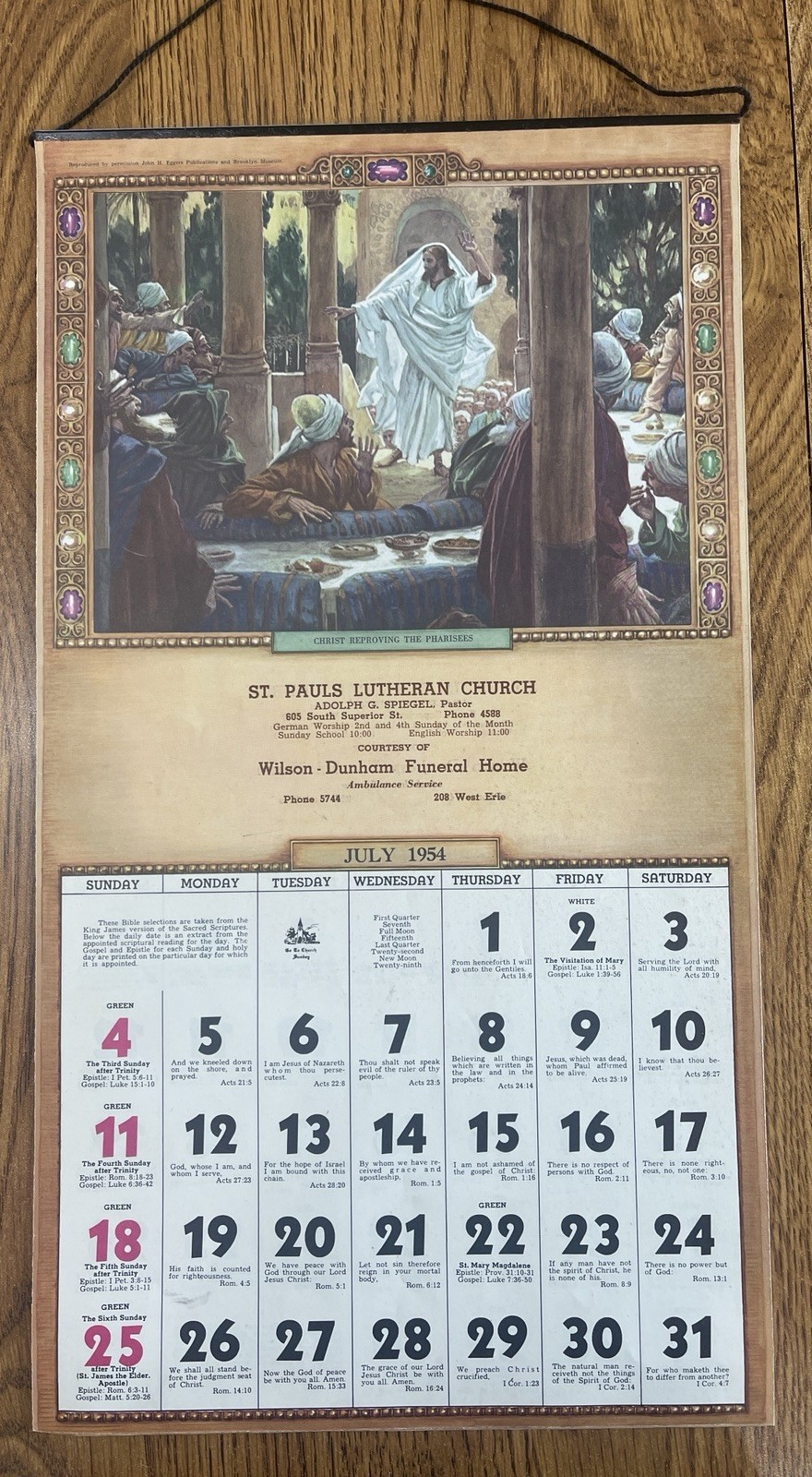 1954 Albion Michigan St Paul’s Lutheran Church Calendar Pastor AG Spiegel 9.5x17