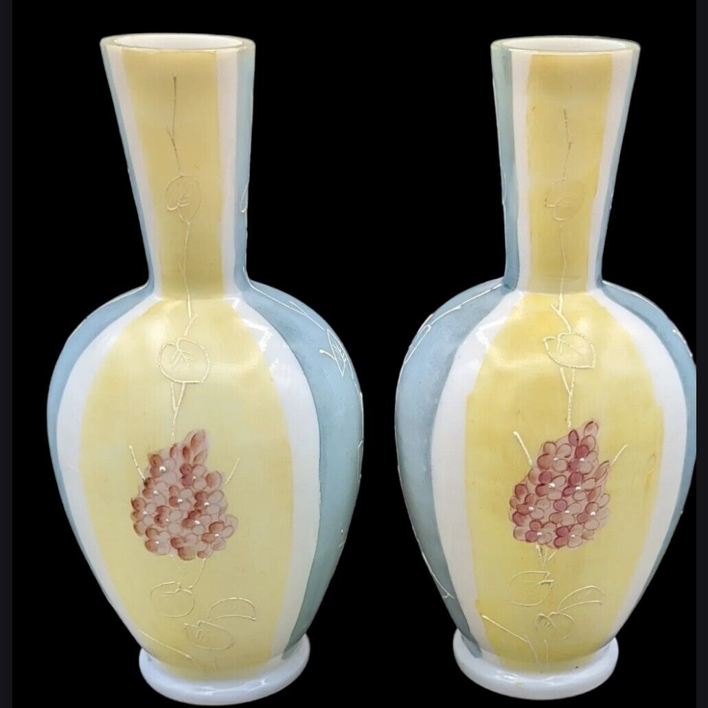 Antique Victorian Handblown Vases Bohemian Painted Glass Pair Blue Yellow Floral