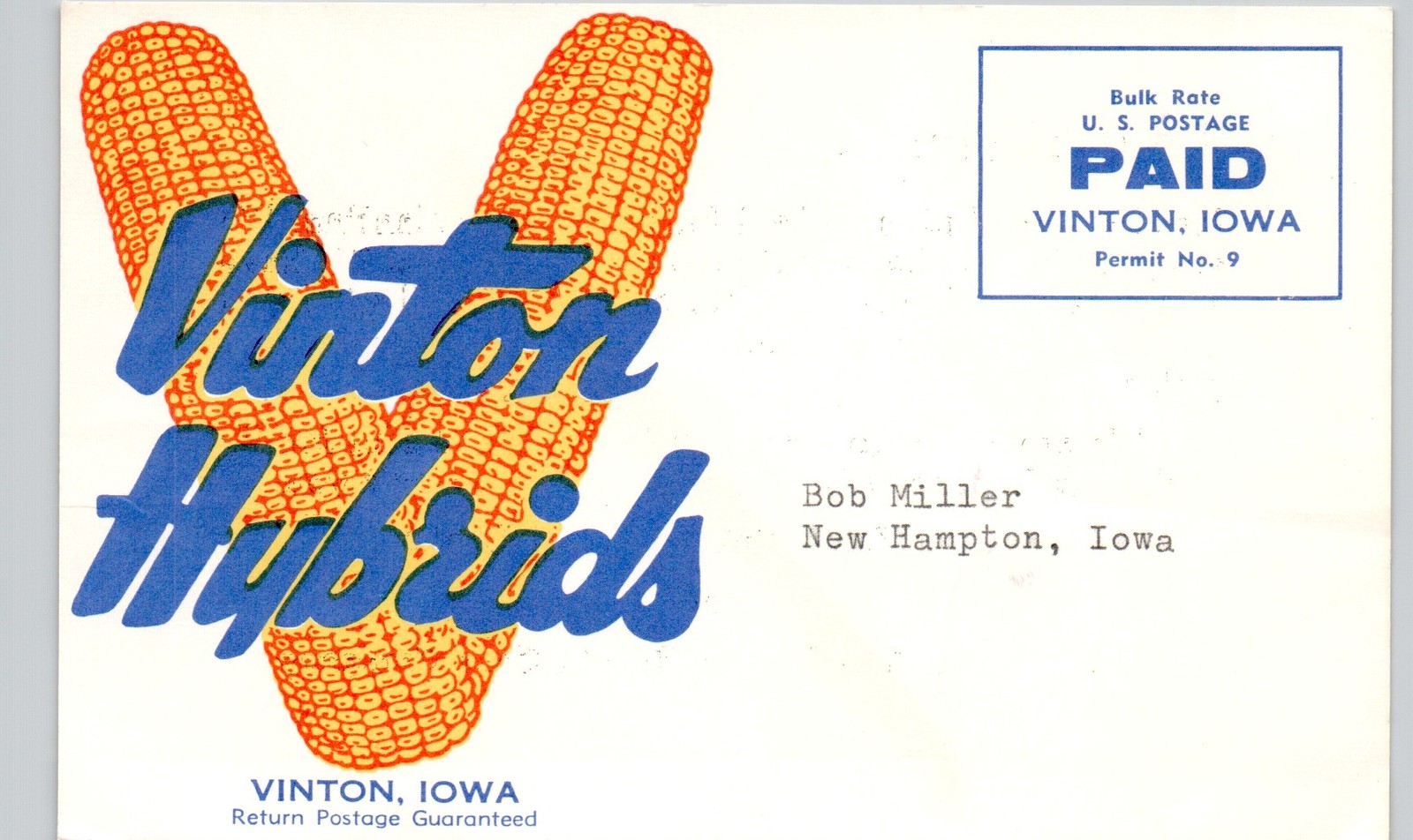 VINTON HYBRIDS SEED vinton ia c1960s iowa postcard advertising farm corn ~RARE