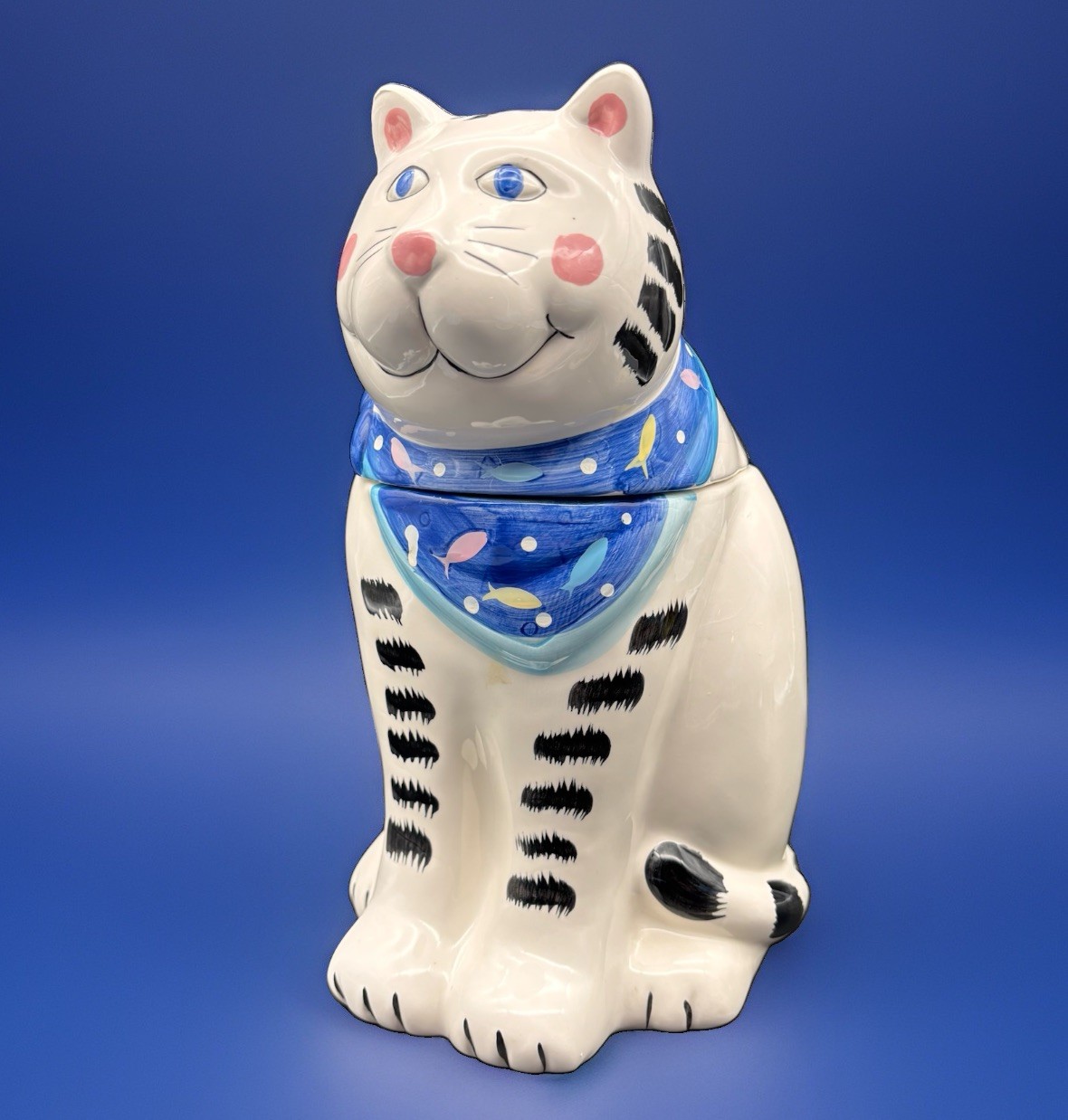 COCO DOWLEY Ceramic White Black Stripes Cat Cookie Jar Certified Int’l. 11.5” COCO DOWLEY Ceramic White Black Stripes Cat Cookie Jar Certified Int’l. 11.5”