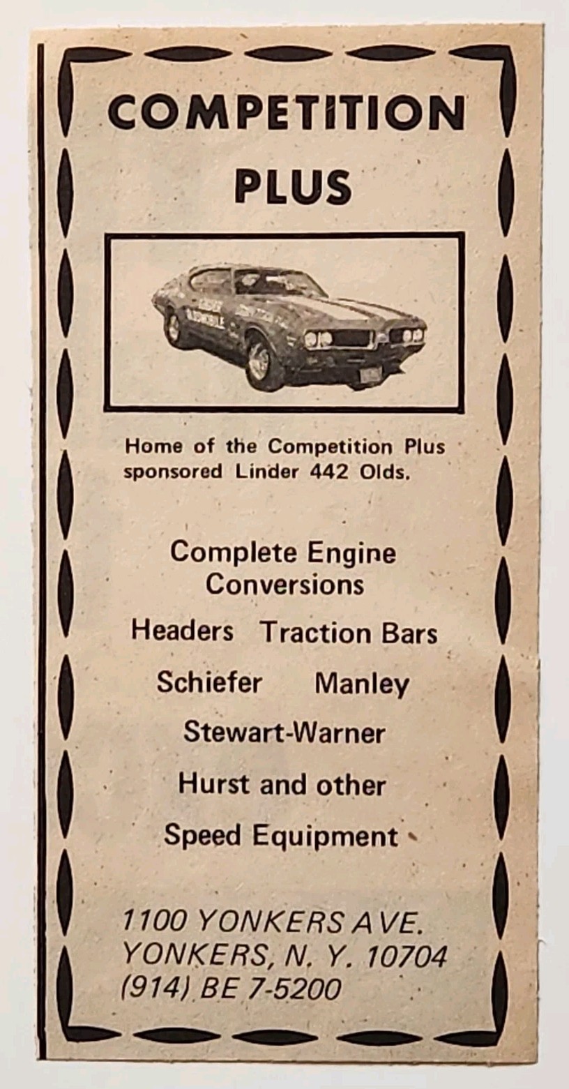 Vintage 1969 Competition Plus Yonkers New York NY Olds 442 Speed Shop Print Ad