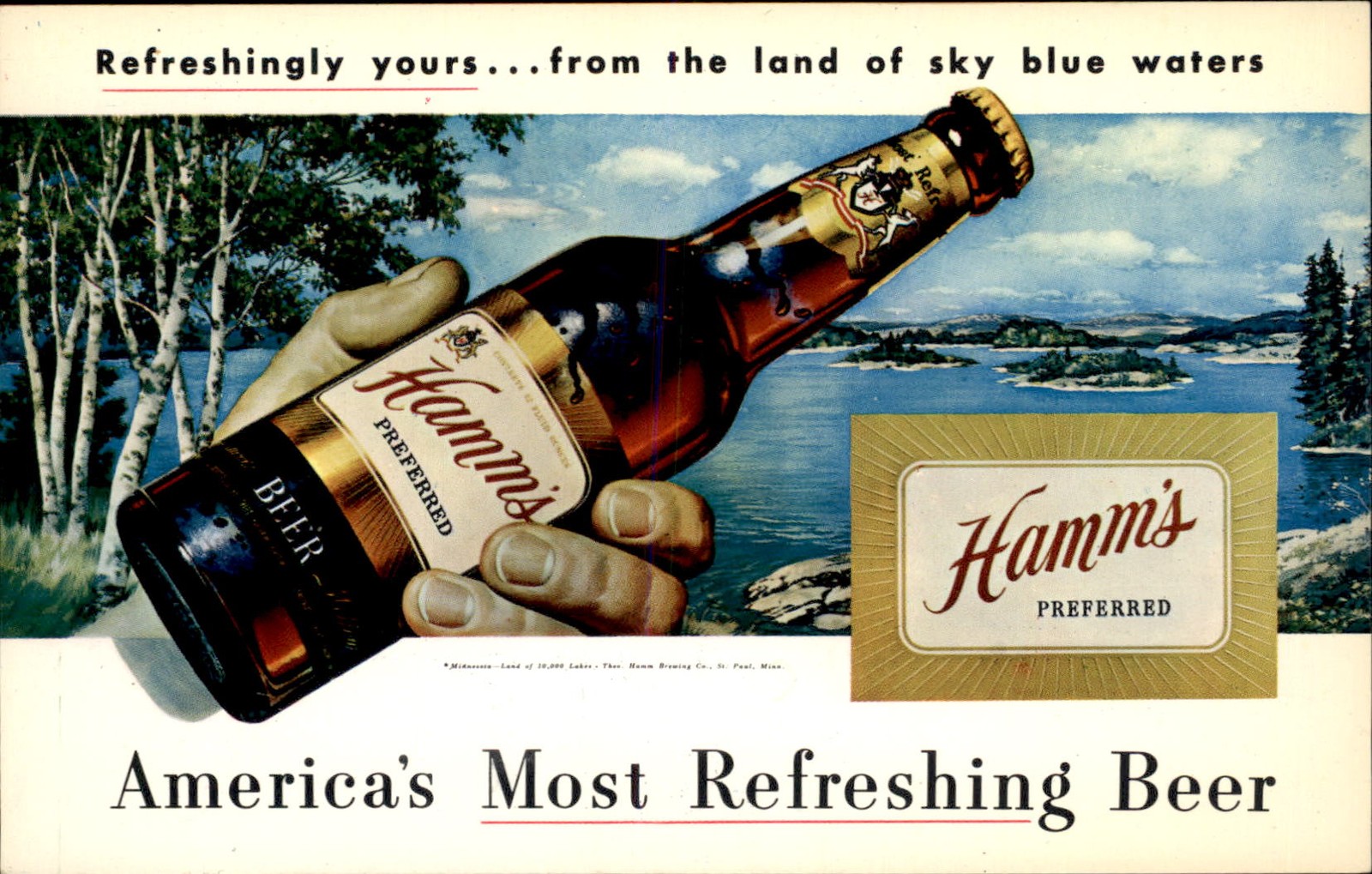 St. Paul MN Hamm's Beer Bottle in Hand c1950s-60s Vintage Postcard bhn