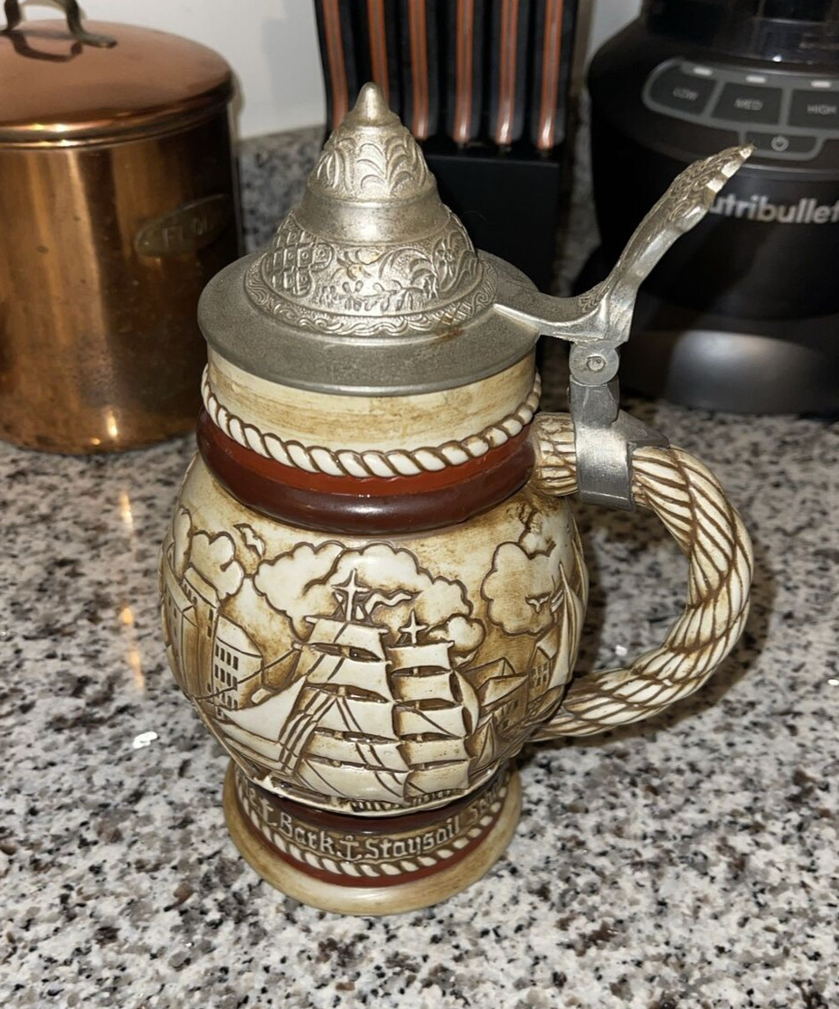 Avon Tall Ships Barkentine Bark Staysail Schooner Lidded Stein Made in Brazil 