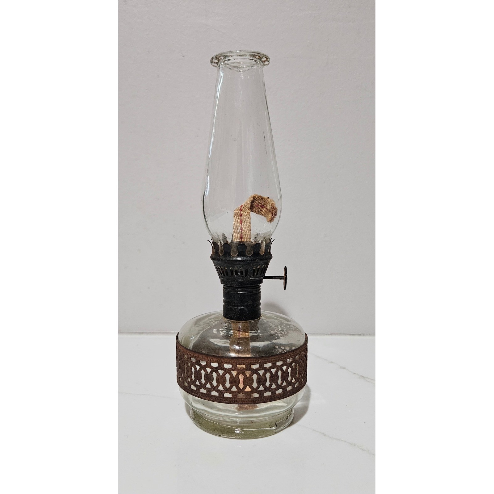 Vintage Miniature Glass Oil Lamp with Rusted Metal Filigree Band and Chimney